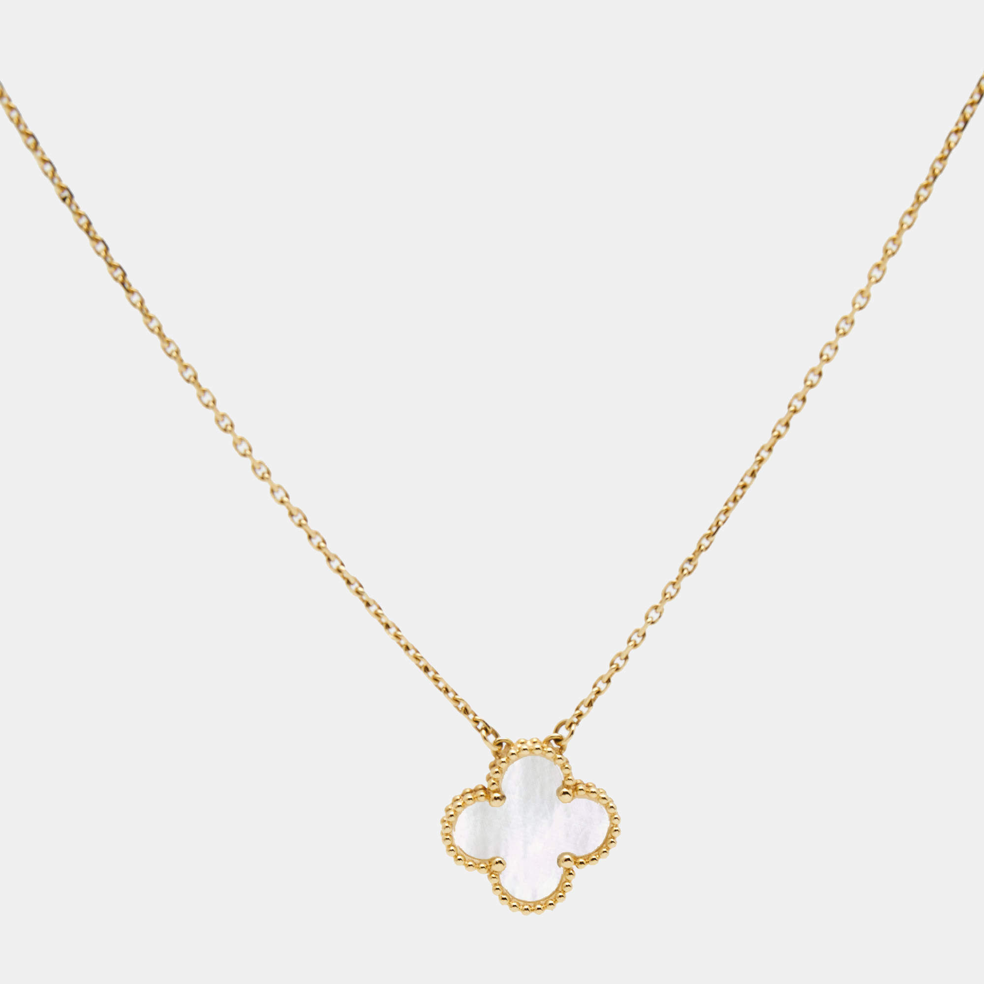 Pre Owned Van Cleef & Arpels Vintage Alhambra Mother of Pearl 18k Yellow Gold Necklace