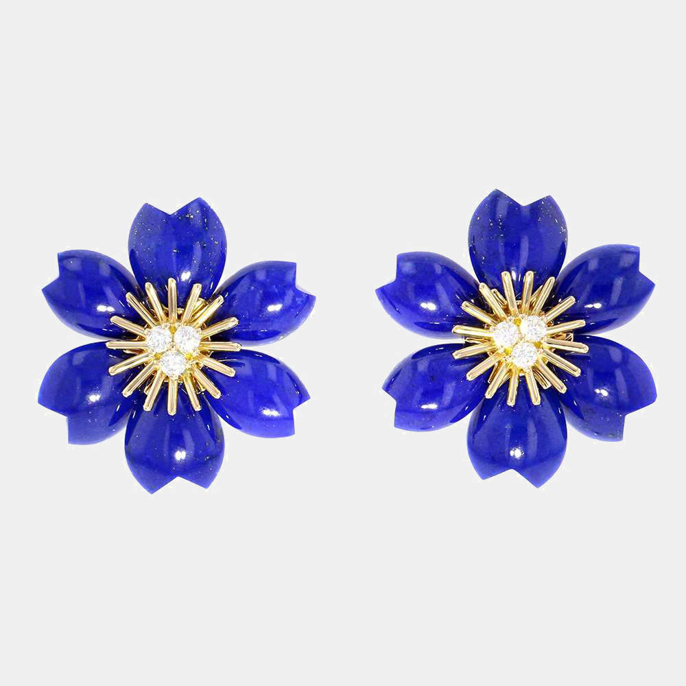 مملوكة مسبقًا Van Cleef & Arpels Rose De Noel 18K Yellow Gold Diamond Lapis Lazuli Earrings