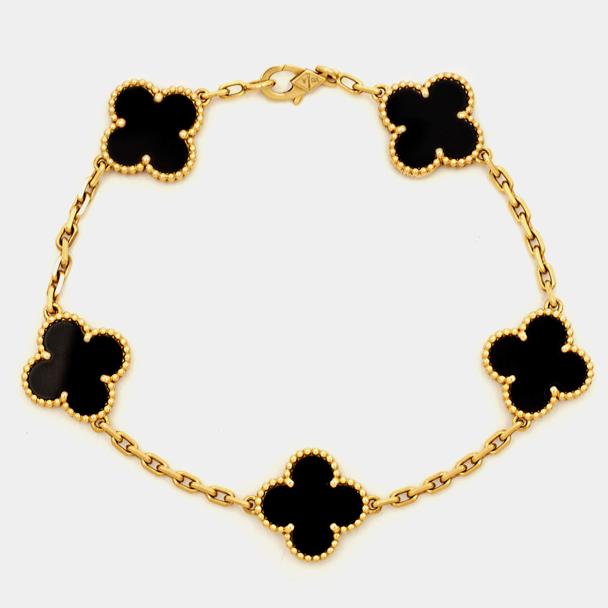 Pre Owned Van Cleef & Arpels Vintage Alhambra Onyx 18k Yellow Gold 5 Motif Station Bracelet