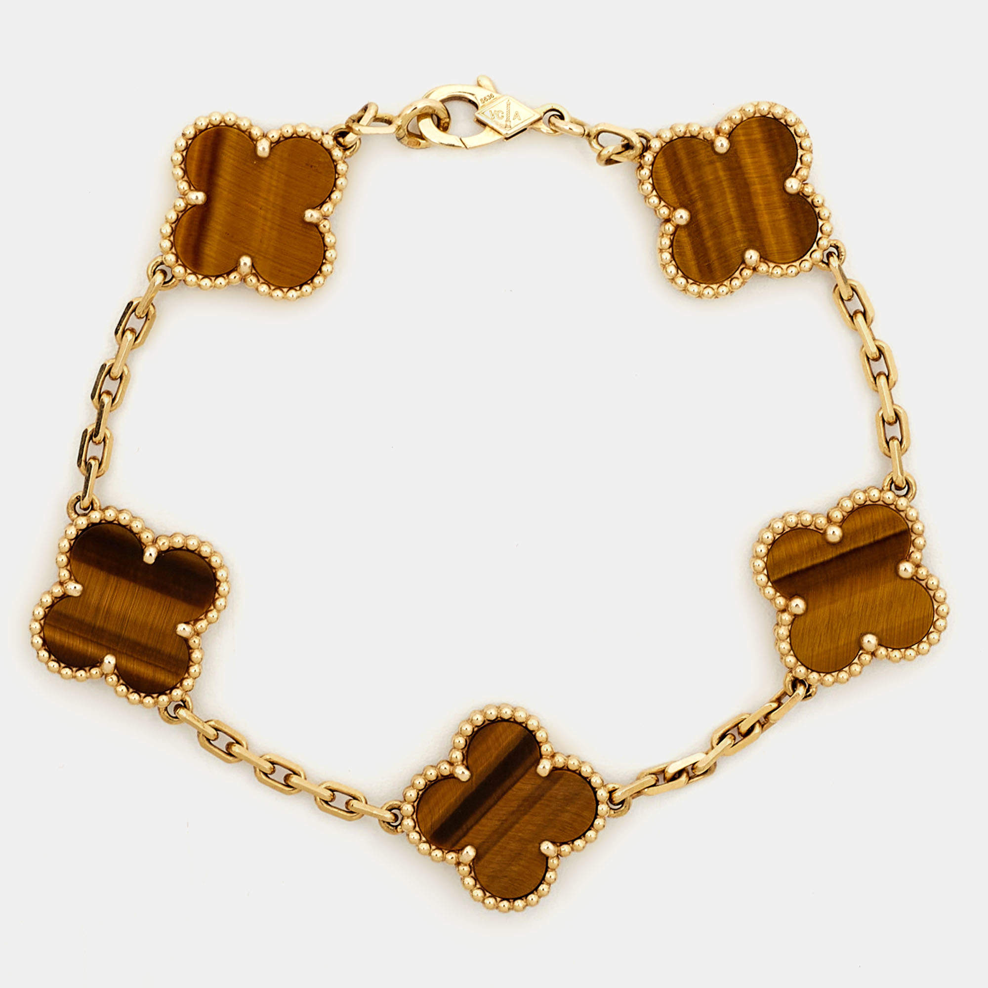Pre Owned Van Cleef & Arpels Vintage Alhambra Tiger's Eye 18k Yellow Gold 5 Motif Bracelet