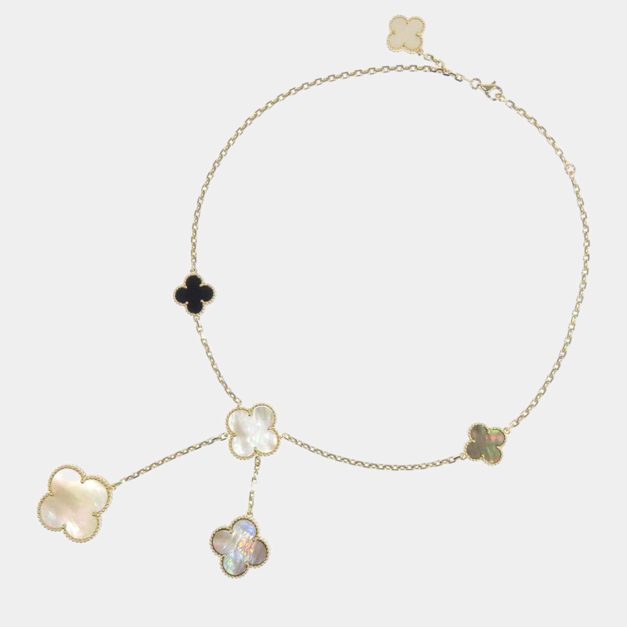 مملوكة مسبقًا Van Cleef & Arpels 18K Yellow Gold Mother of Pearl Magic Alhambra 6 Motifs Necklace