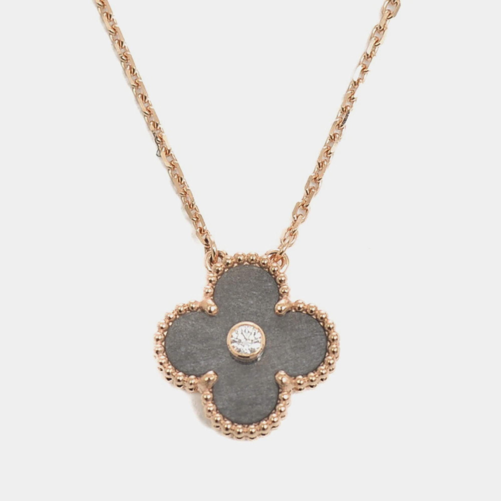 Van Cleef & Arpels Silver Obsidian and 18K Rose Gold Vintage Alhambra Pendant Necklace