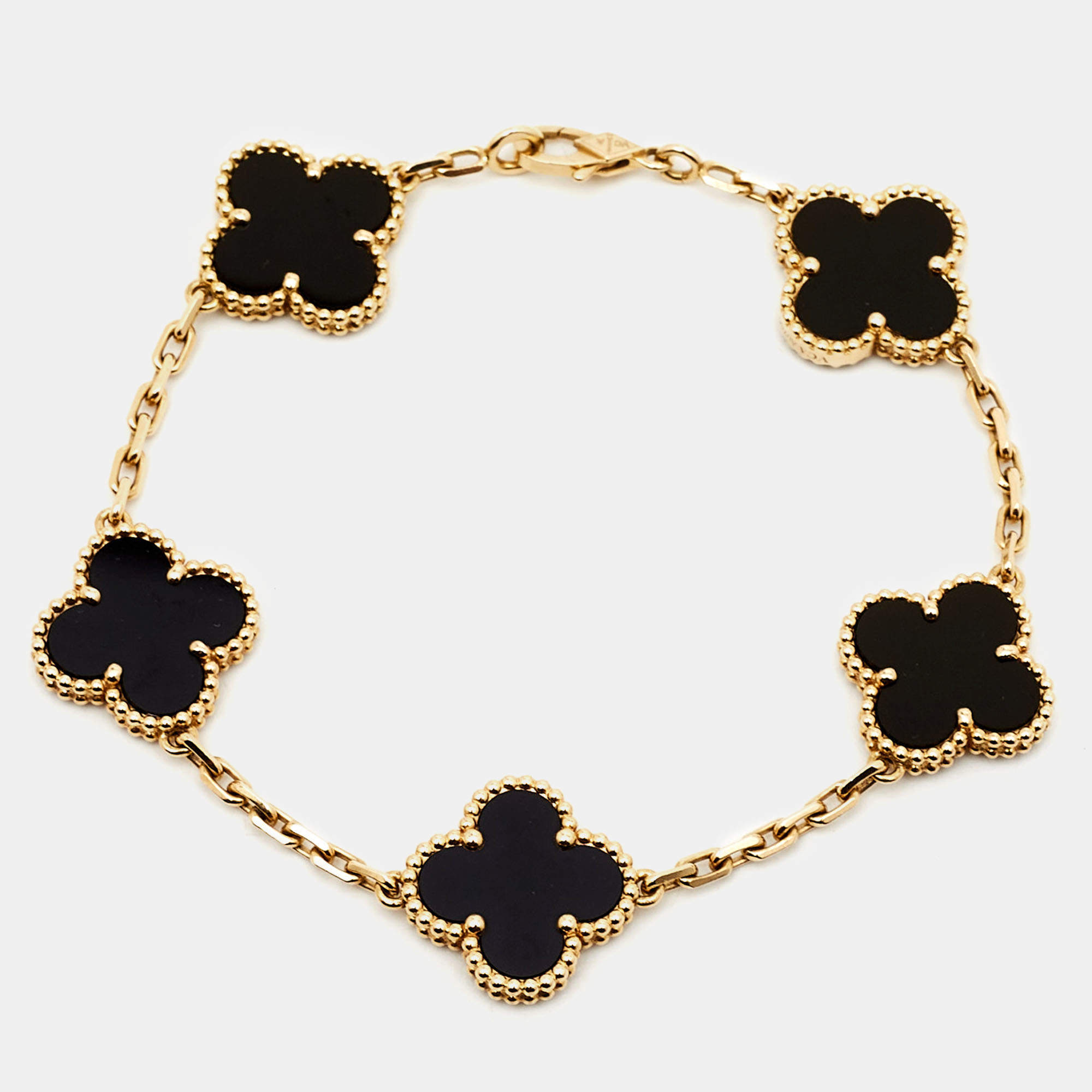 Pre Owned Van Cleef & Arpels Vintage Alhambra Onyx 18k Yellow Gold 5 Motif Station Bracelet
