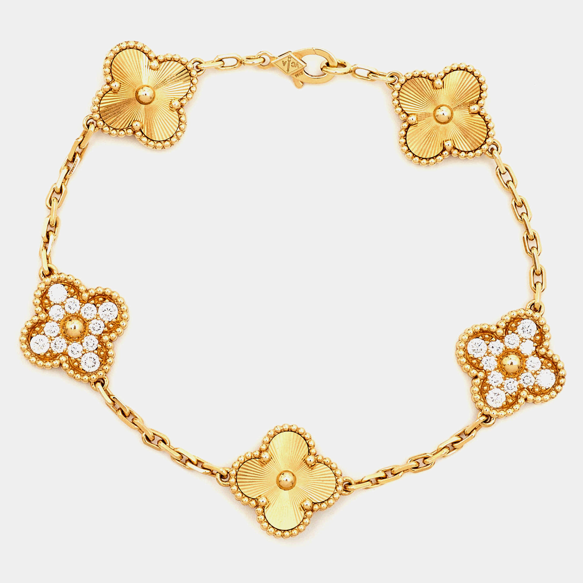 Pre Owned Van Cleef & Arpels Vintage Alhambra Guilloché Diamond 18k Yellow Gold Bracelet