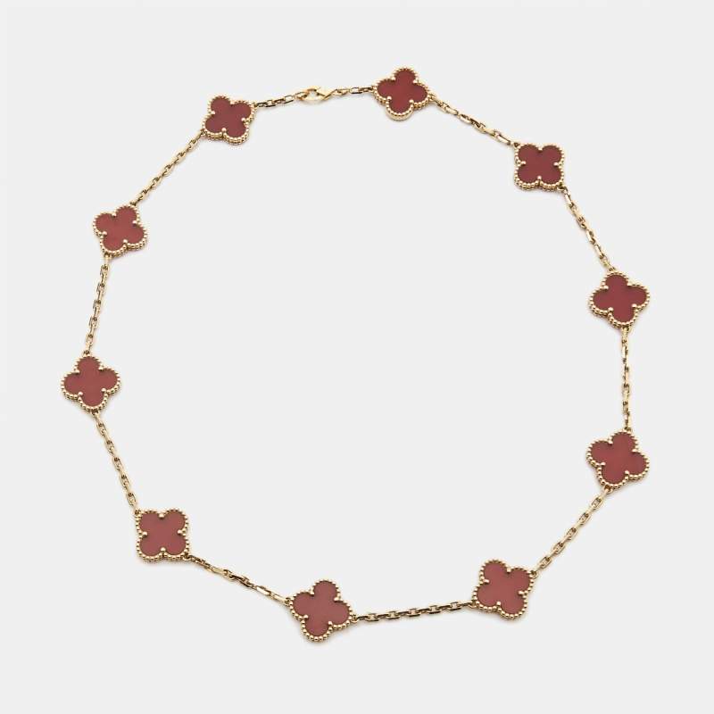 Pre Owned Van Cleef & Arpels Vintage Alhambra Carnelian 18k Yellow Gold 10 Motif Station Necklace