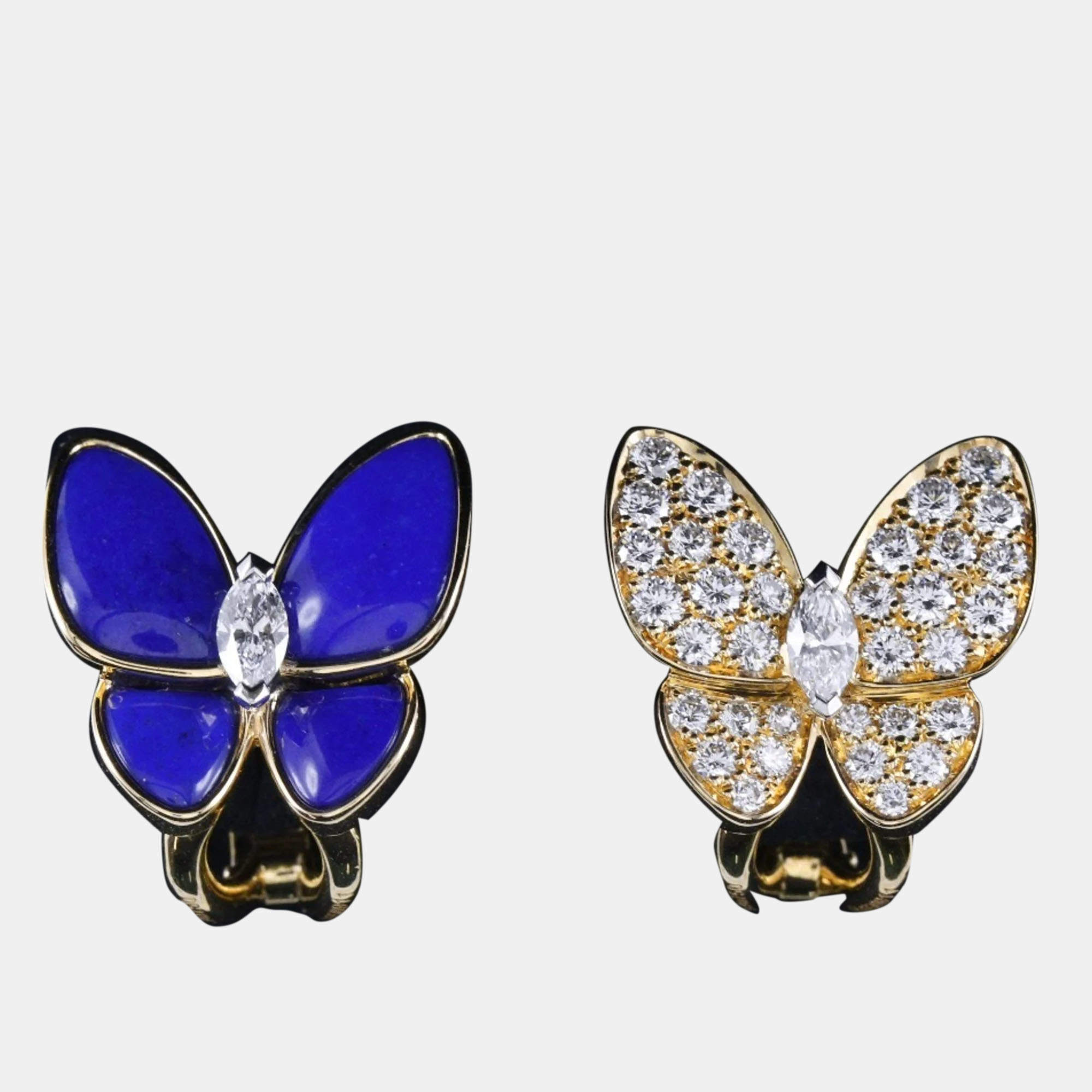 Van Cleef & Arpels 18K Yellow Gold, Diamond and Lapis Lazuli Two Butterfly Stud Earrings