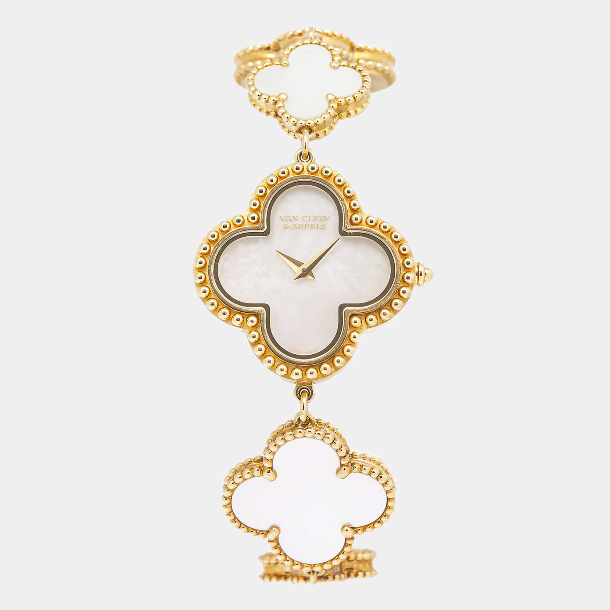 Pre Owned Van Cleef & Arpels White 18K Yellow Gold Alhambra VCARO40T00 Women's Wristwatch 26mm