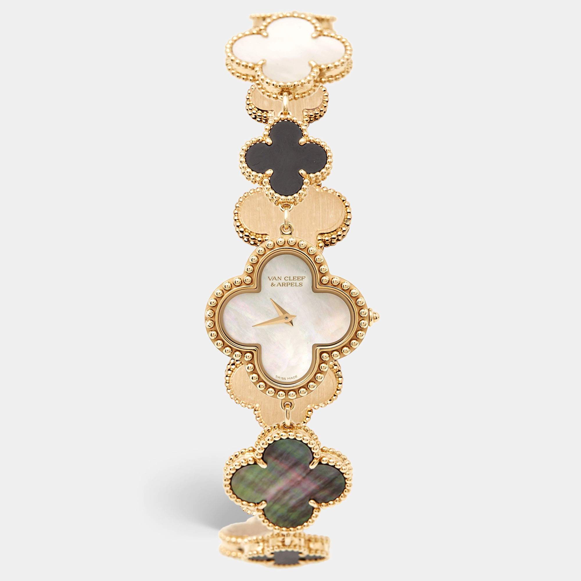 Pre Owned Van Cleef & Arpels Mother Of Pearl Onyx 18K Yellow Gold Small Model Alhambra VCARO40P00 Women's Wristwatch 26 mm