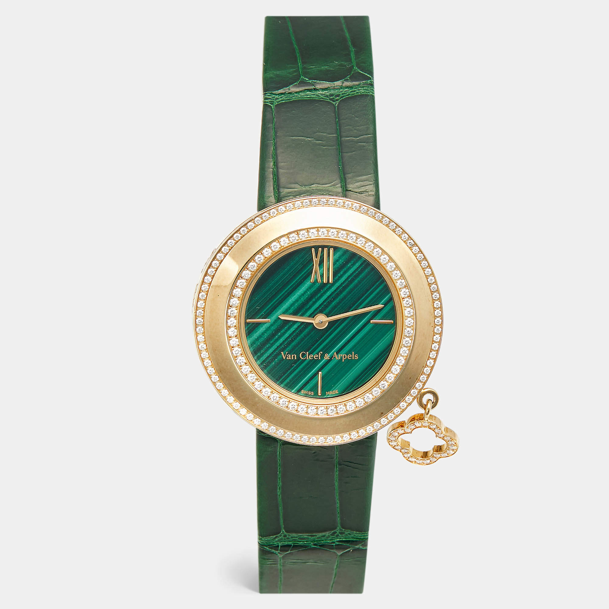 Pre Owned Van Cleef & Arpels Charms VCARO8NR00 Green Dial 18k Rose Gold Diamond Malachite Alligator Leather Women's Wristwatch 32 mm