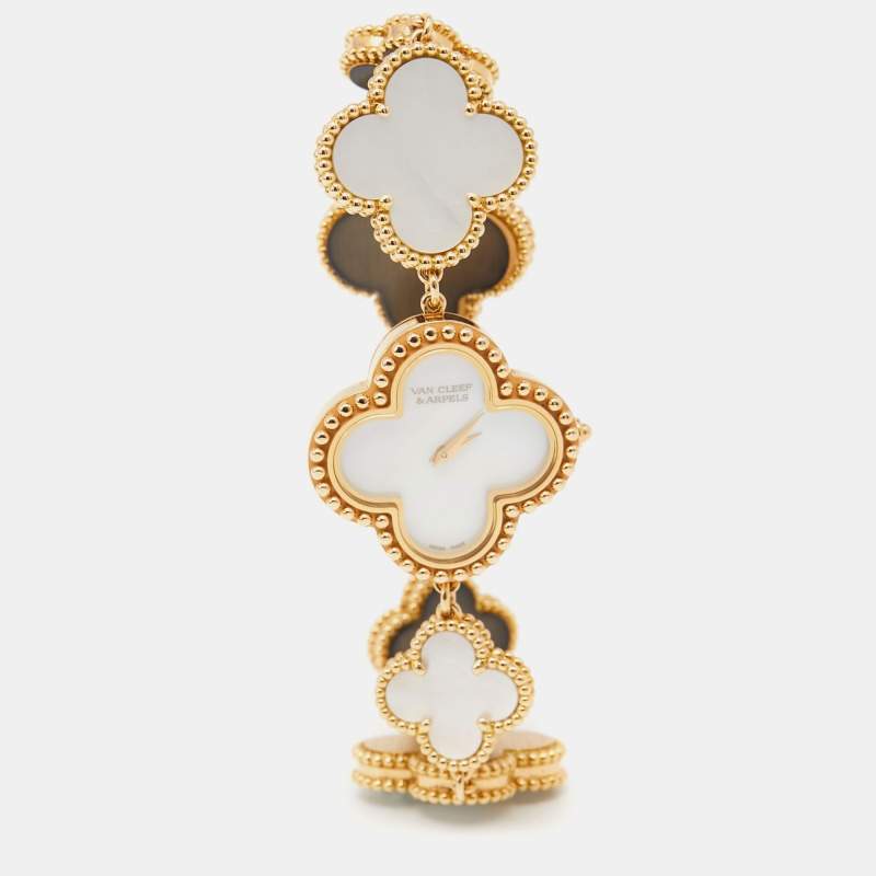 Van Cleef & Arpels Mother Of Pearl 18K Yellow Gold Vintage Alhambra 136674 Women's Bracelet Watch 26 mm