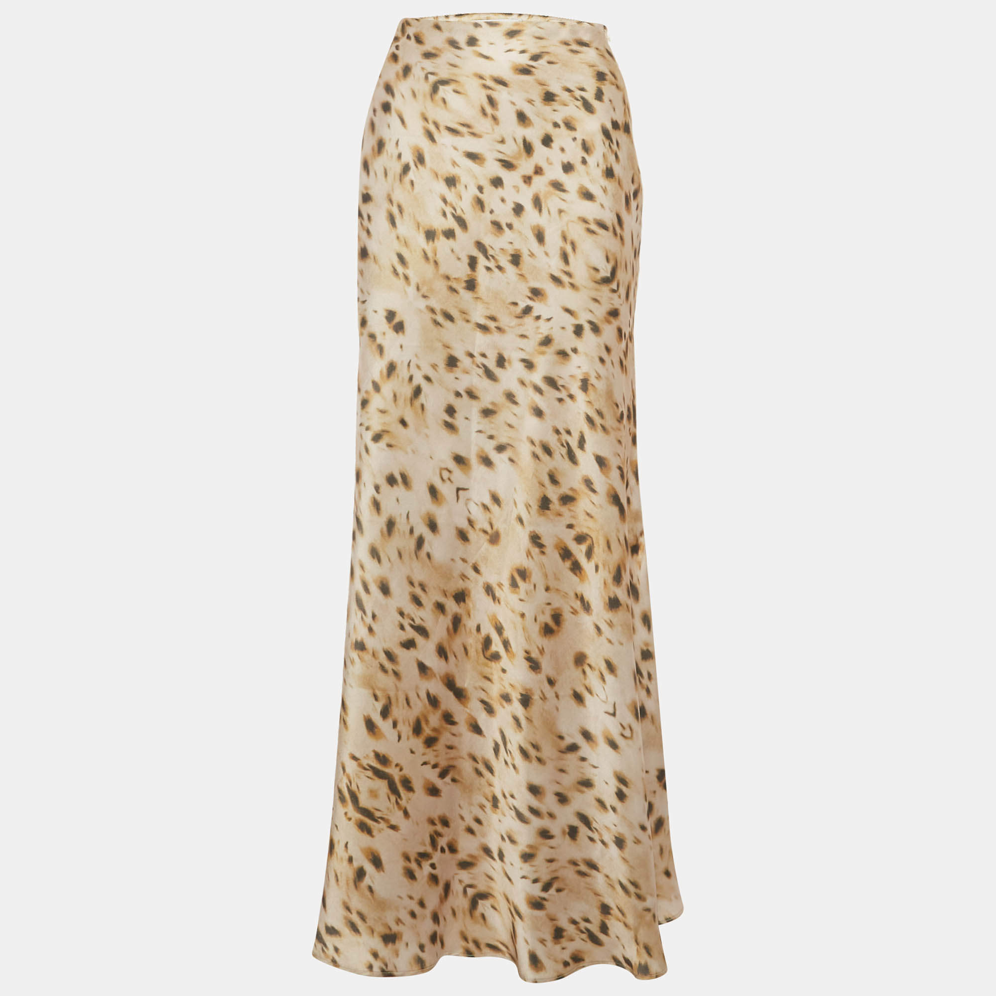 Pre Owned Vassia Kostara Yellow Leopard Print Satin Midi Skirt XS