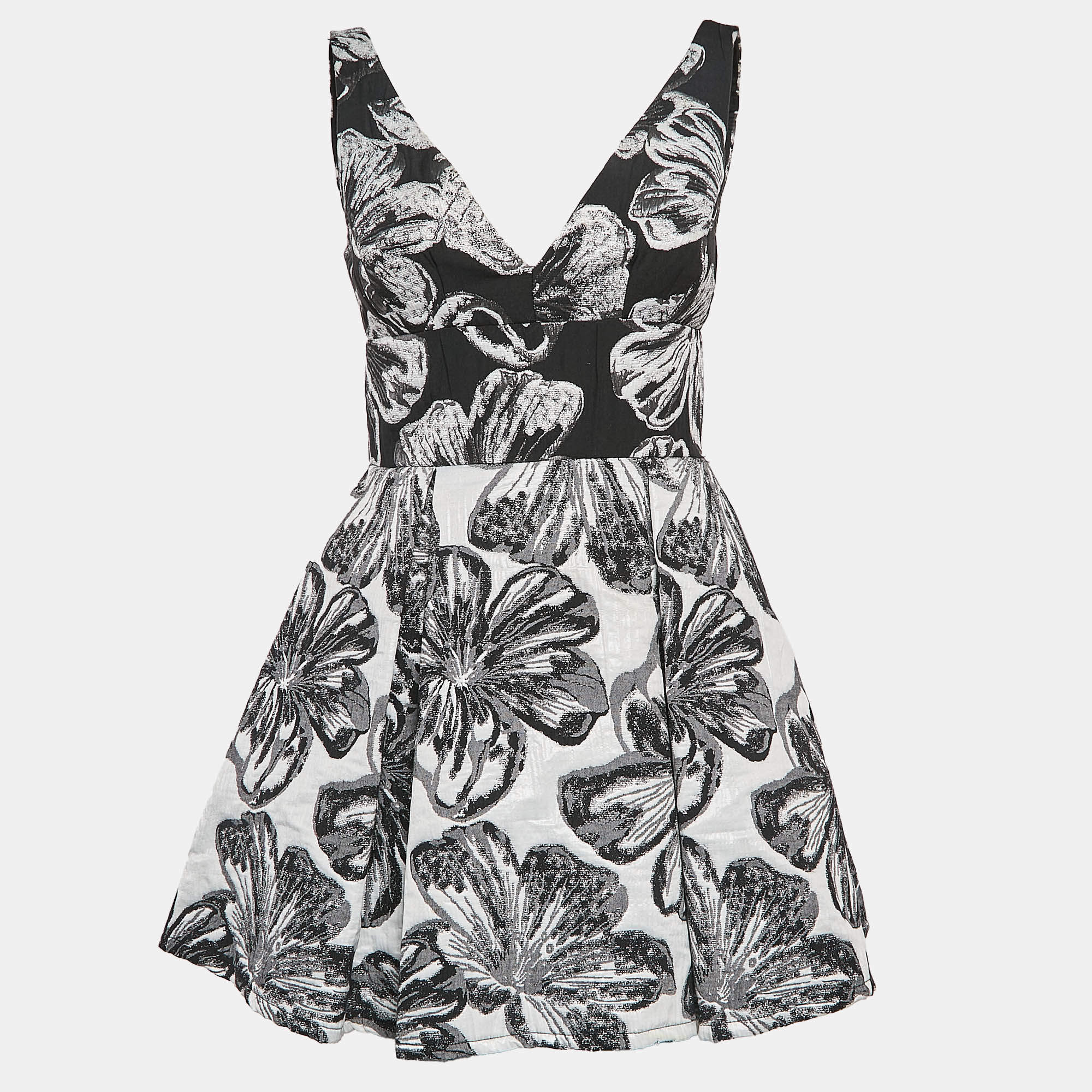 Pre Owned Vera Wang Black Floral Brocade Pleated Mini Dress S