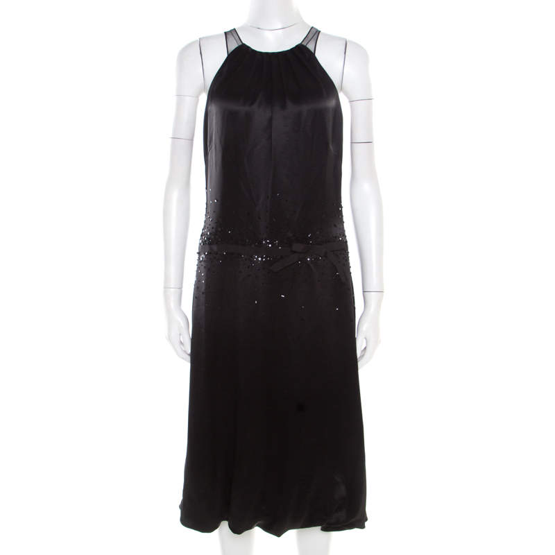 Pre Owned Vera Wang Black Embellished Satin Bod Detail Sleeveless Dress M