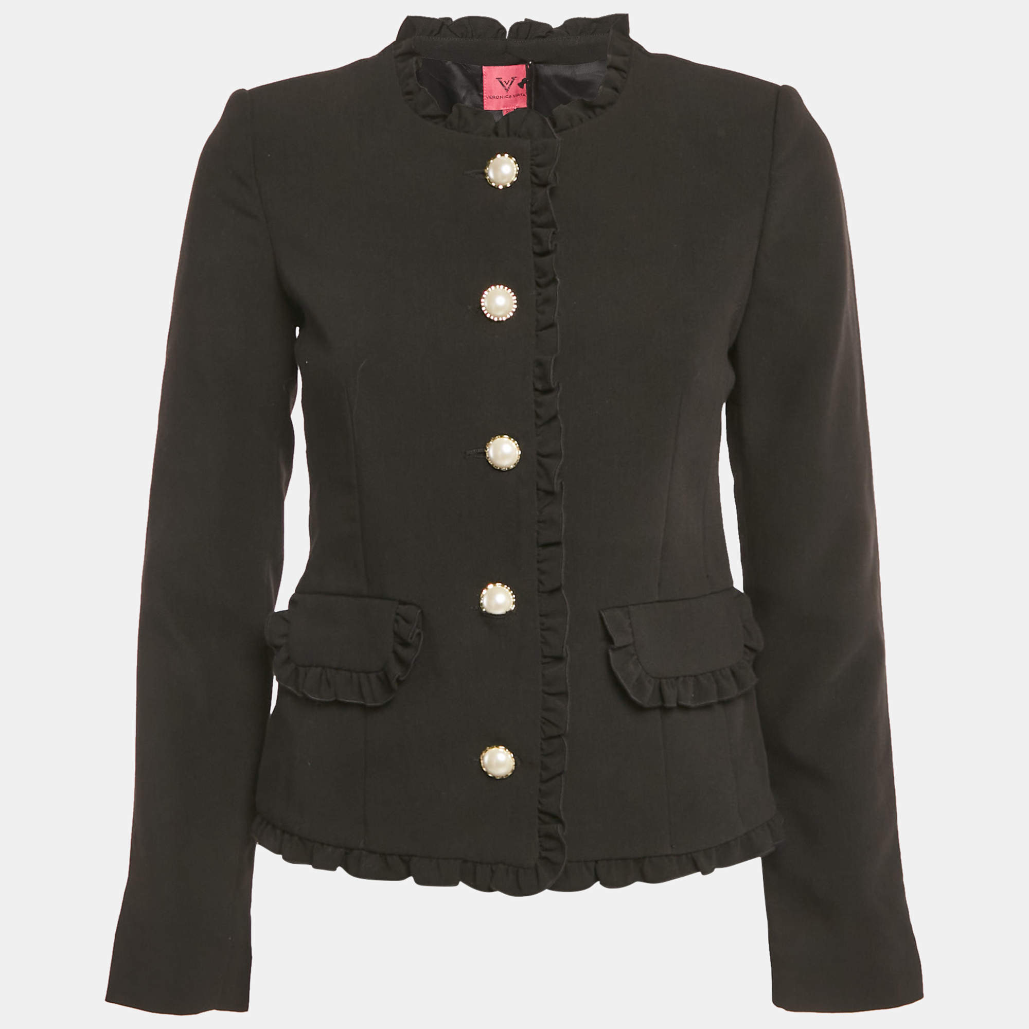 Pre Owned Veronica Virta Black Crepe & Wool Ruffle Detail Rosie Jacket XS