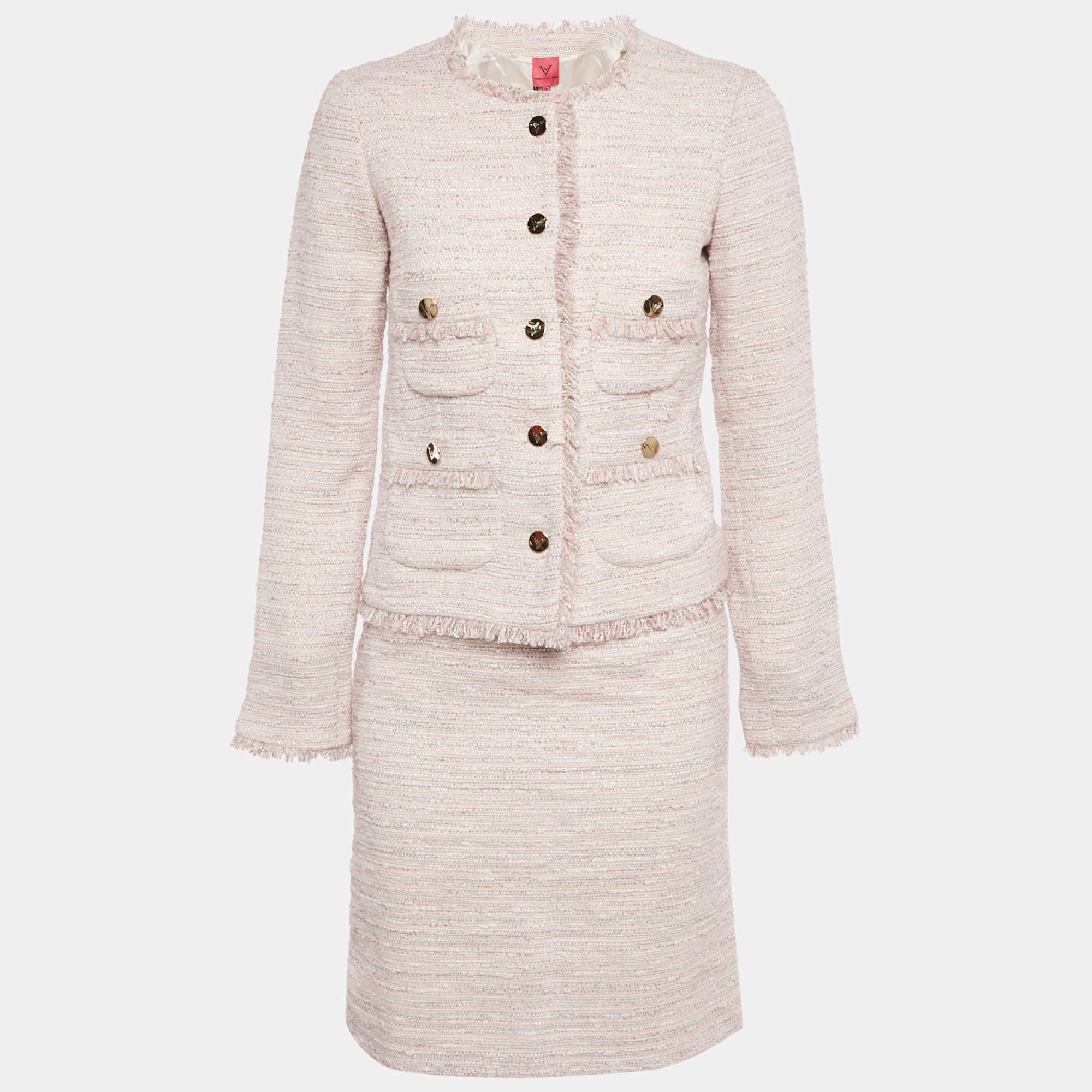 Pre Owned Veronica Virta Pink Lurex Tweed Blazer & Skirt Suit Set XS