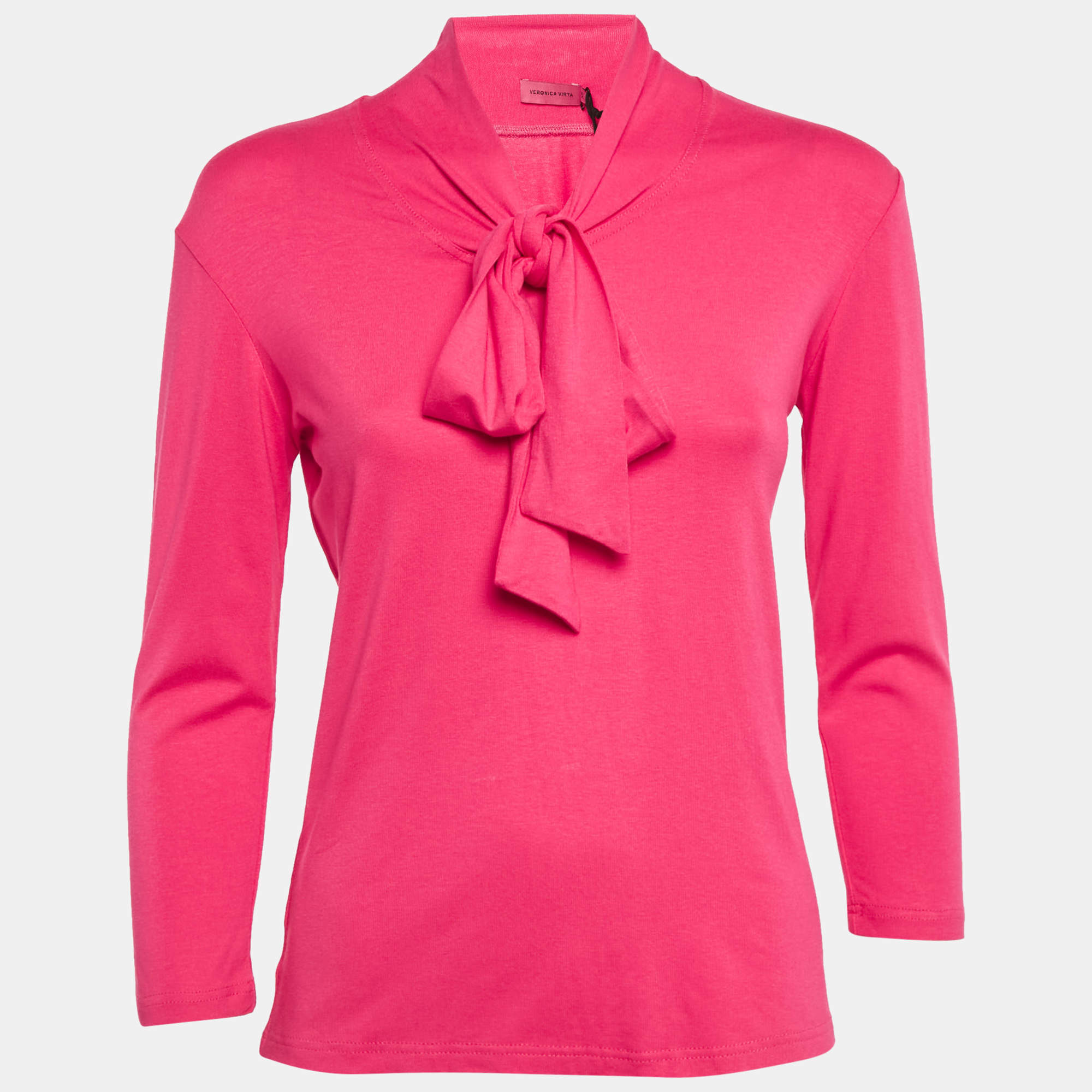 مملوكة مسبقًا Veronica Virta Pink Jersey Neck Tie -Up Detail Top XS 