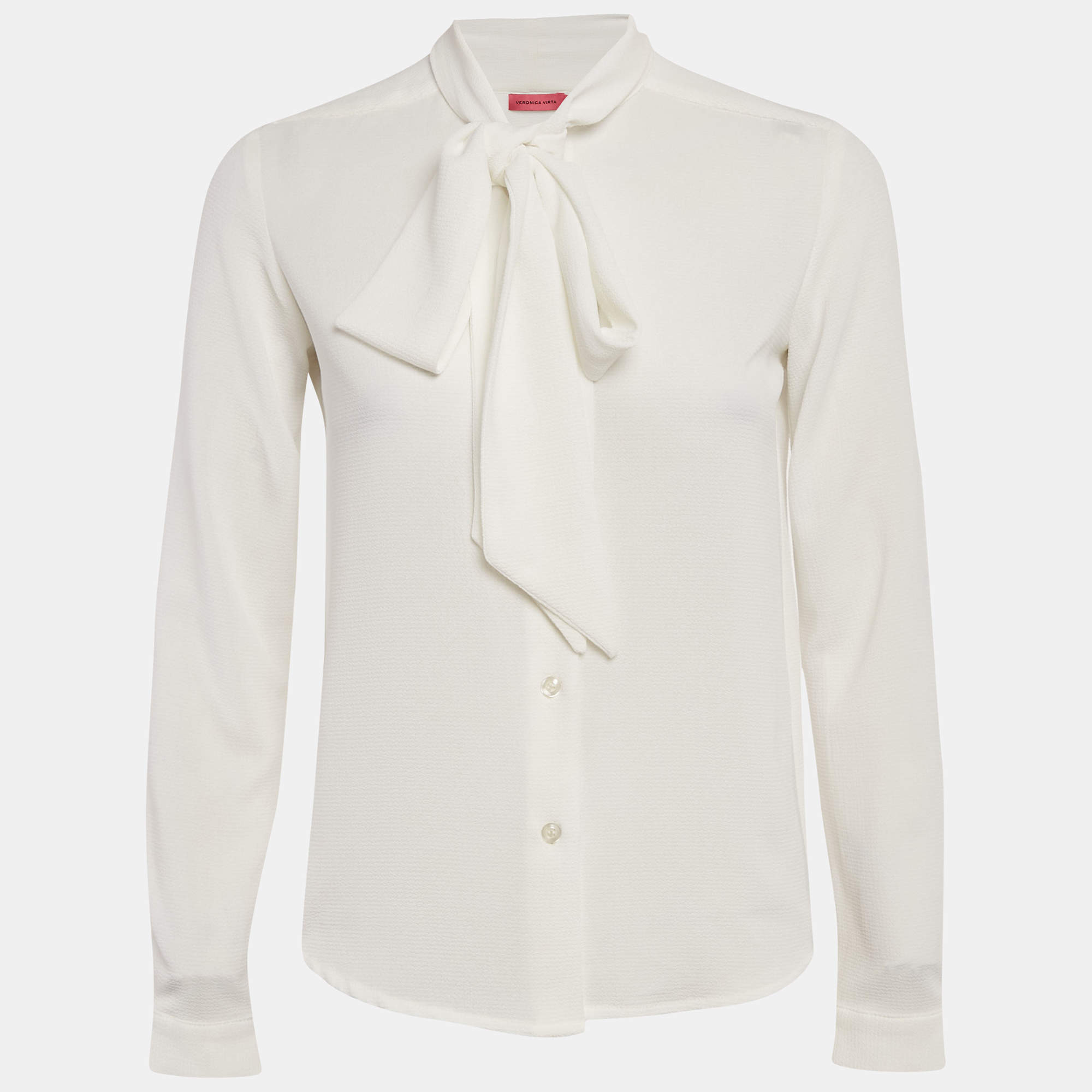 Pre Owned Veronica Virta White Crepe Neck Tie -Up Detail Blouse XS