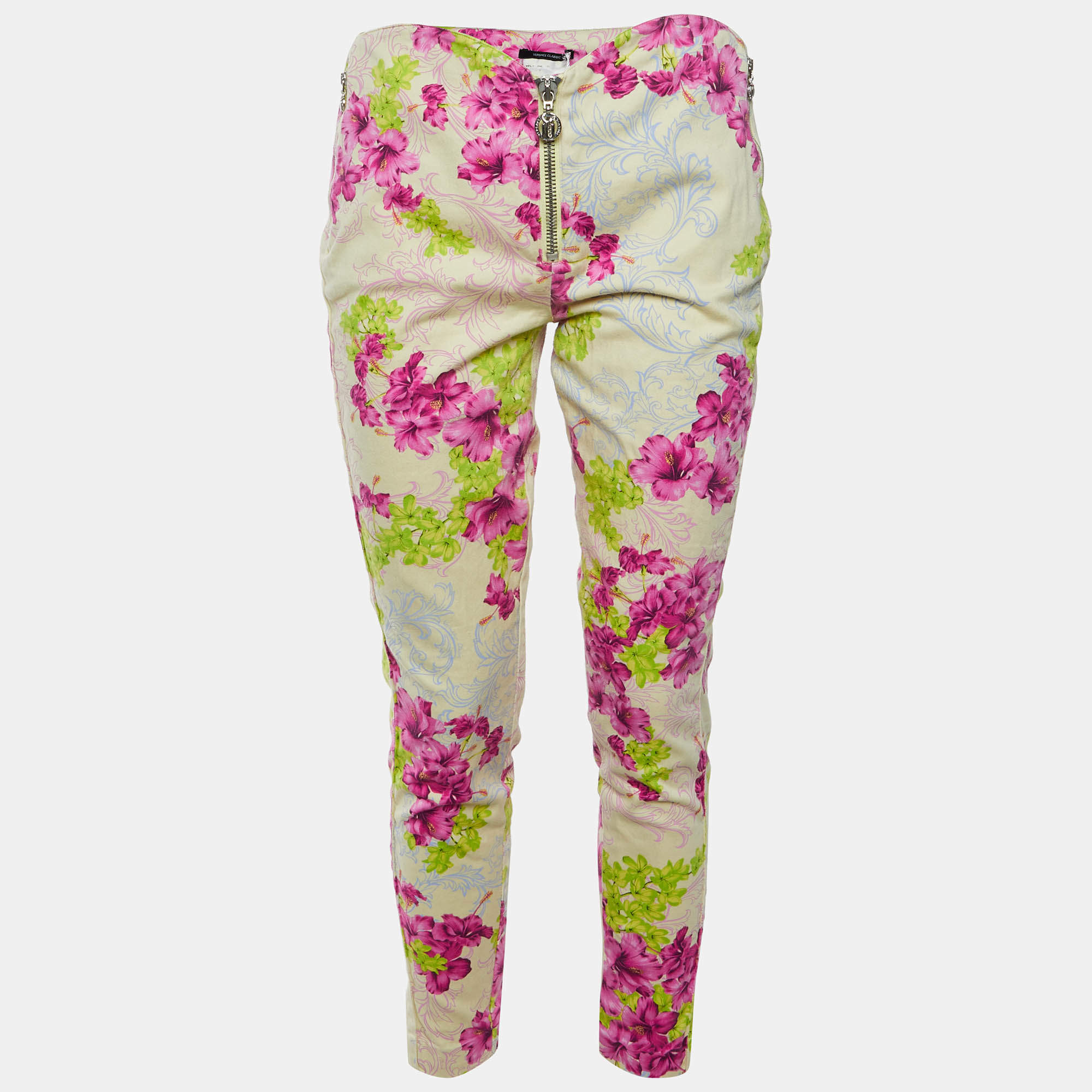 Pre Owned Versace Classic Yellow Floral Print Cotton Pants M