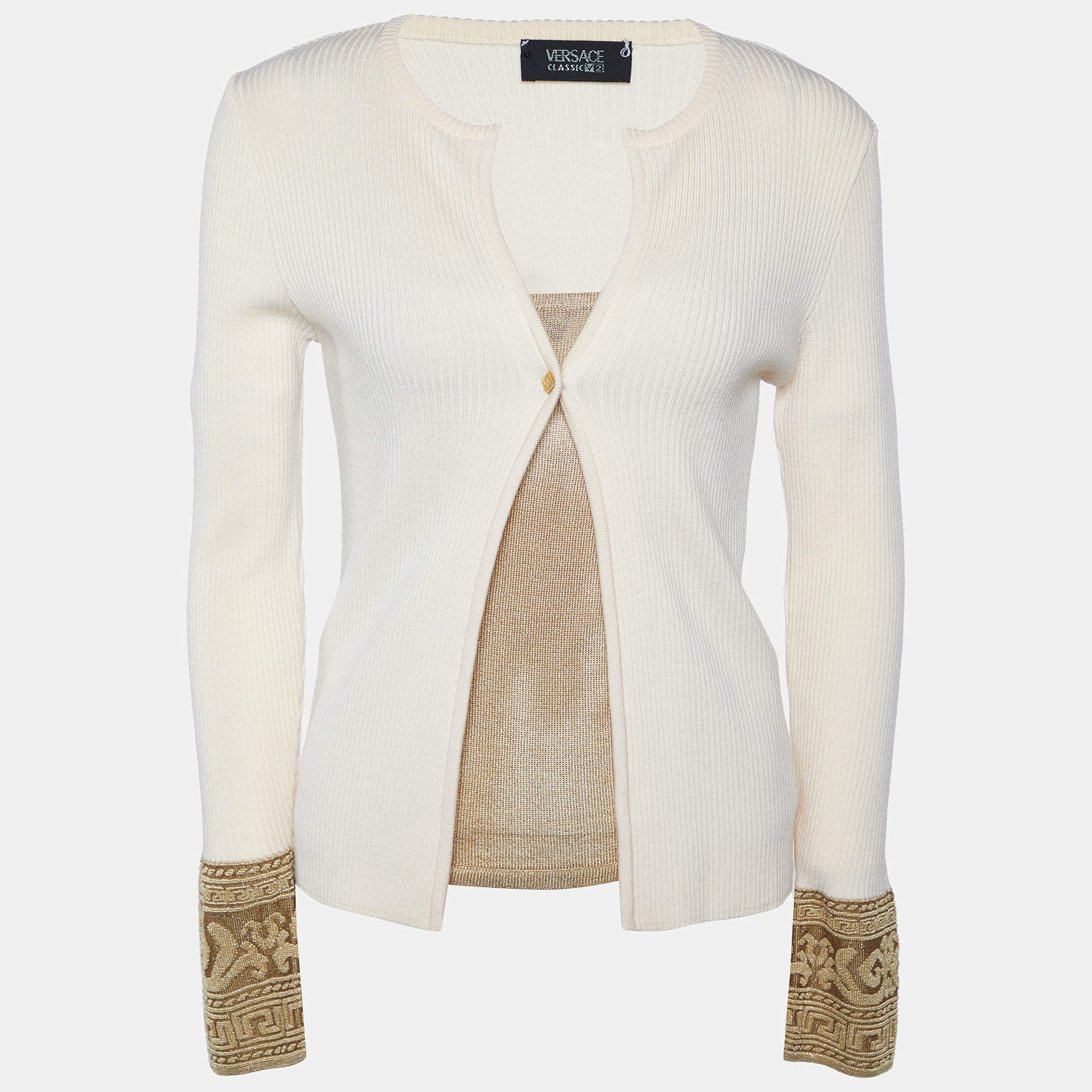 Pre Owned Versace Classic V2 Beige Wool Rib Knit Cardigan & Gold Lurex Knit Cami Top Set M