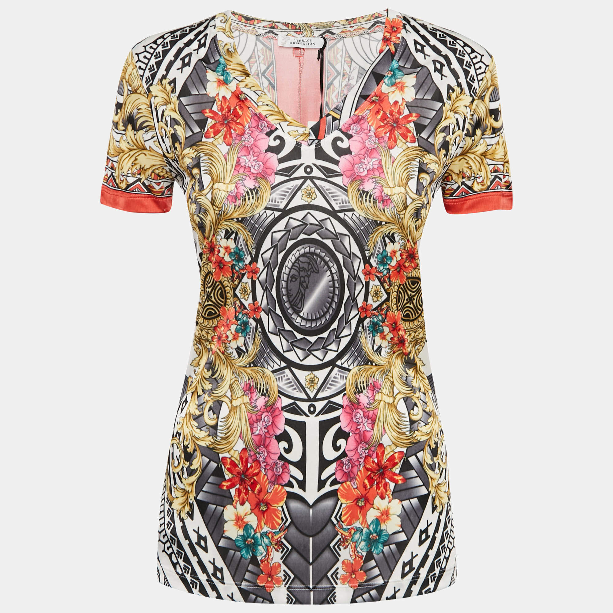 Pre Owned Versace Collection Multicolor Floral Print Jersey V-Neck T-Shirt M