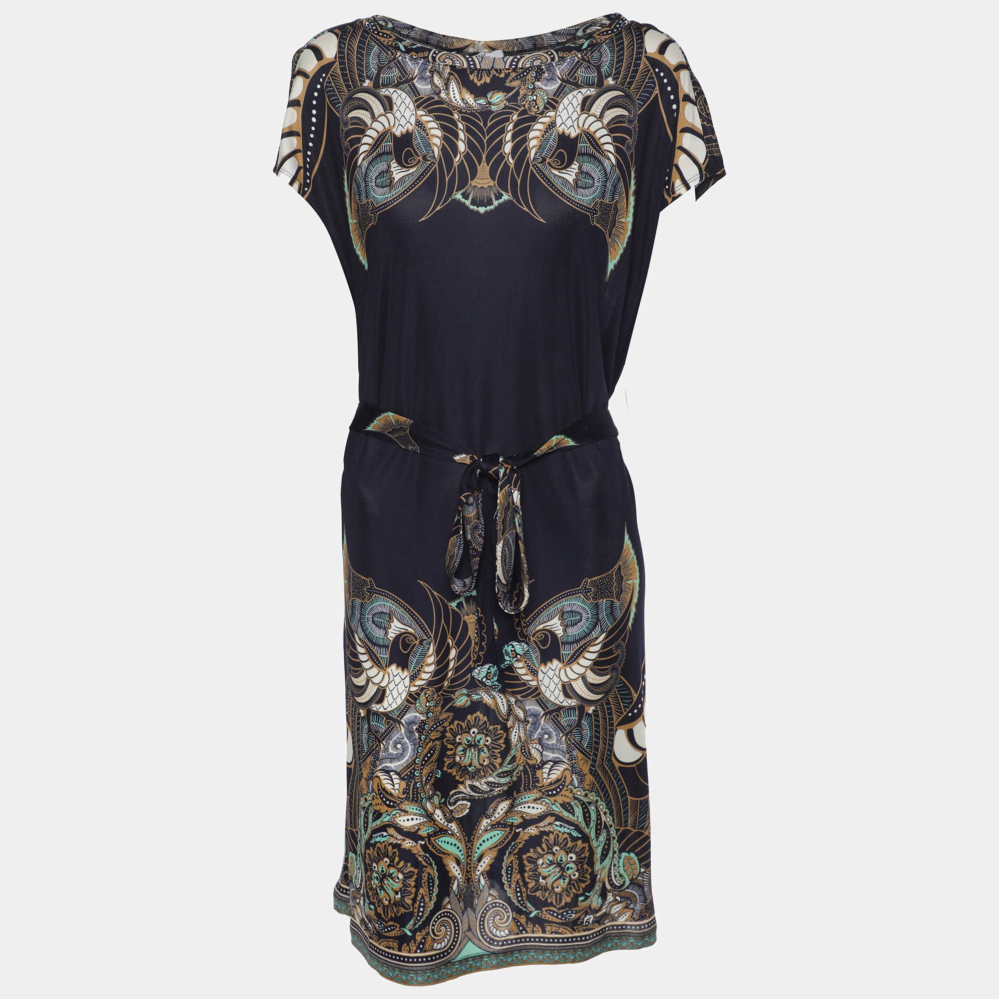 Versace Collection Blue Printed Jersey Belted Mini Dress M
