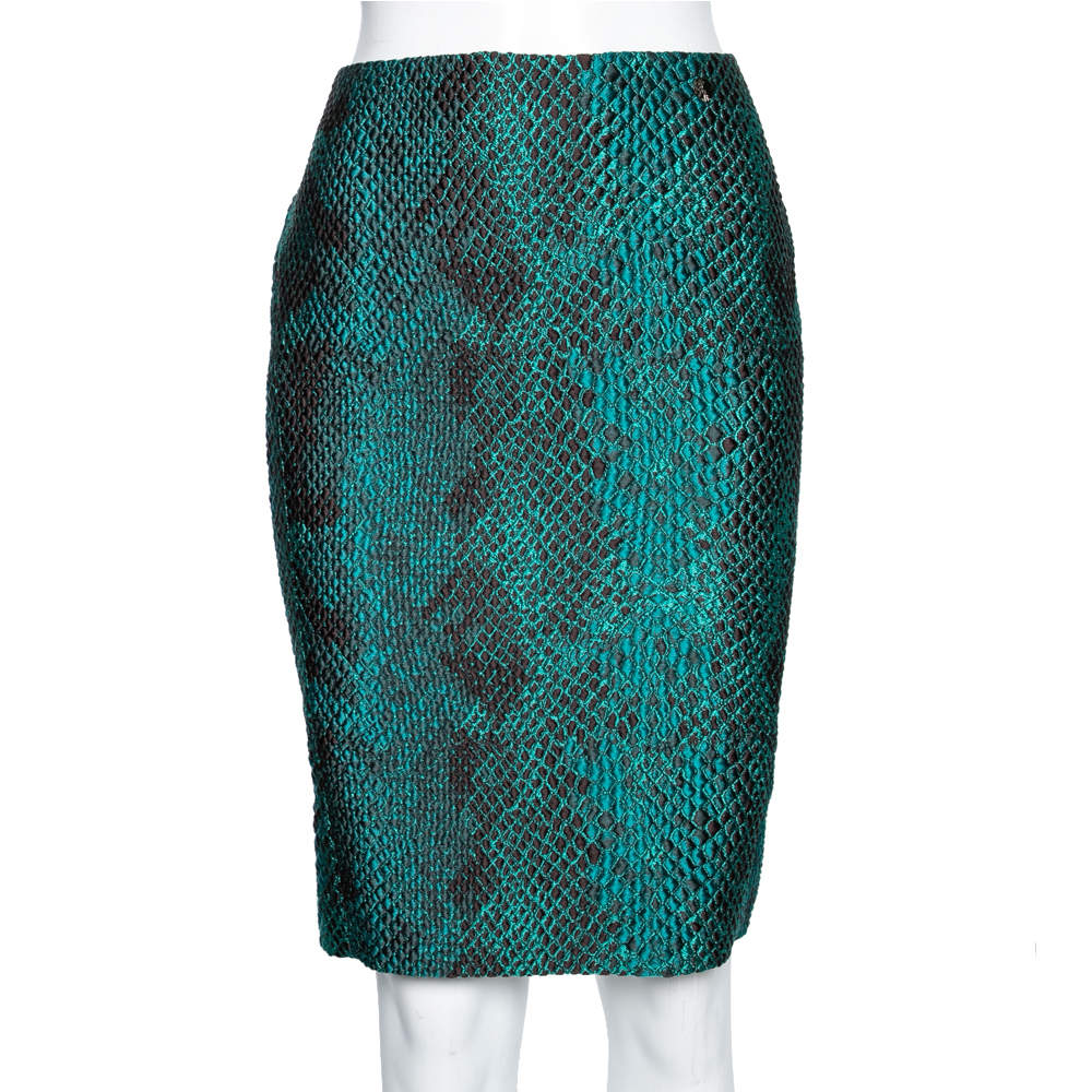 Versace Collection Green Snakeskin Pattern Jacquard Pencil Skirt M
