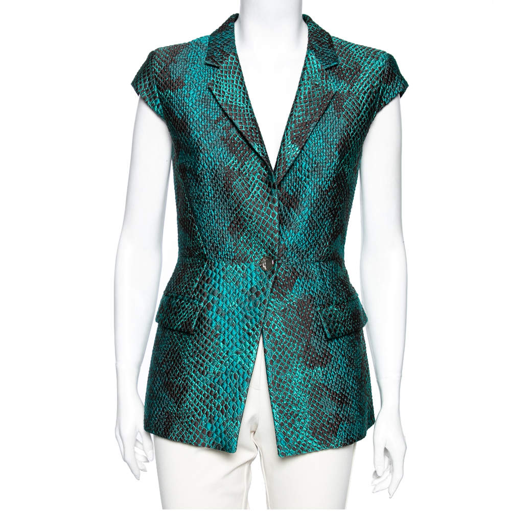 Pre Owned Versace Collection Green Snakeskin Pattern Jacquard Cap Sleeve Blazer S