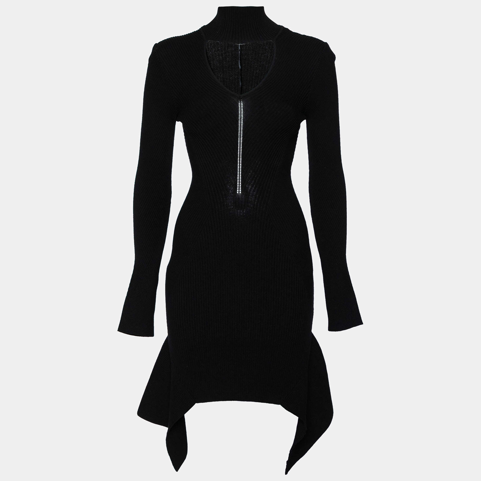 Versace Collection Black Knit Mock Neck Asymmetrical Hem Dress M