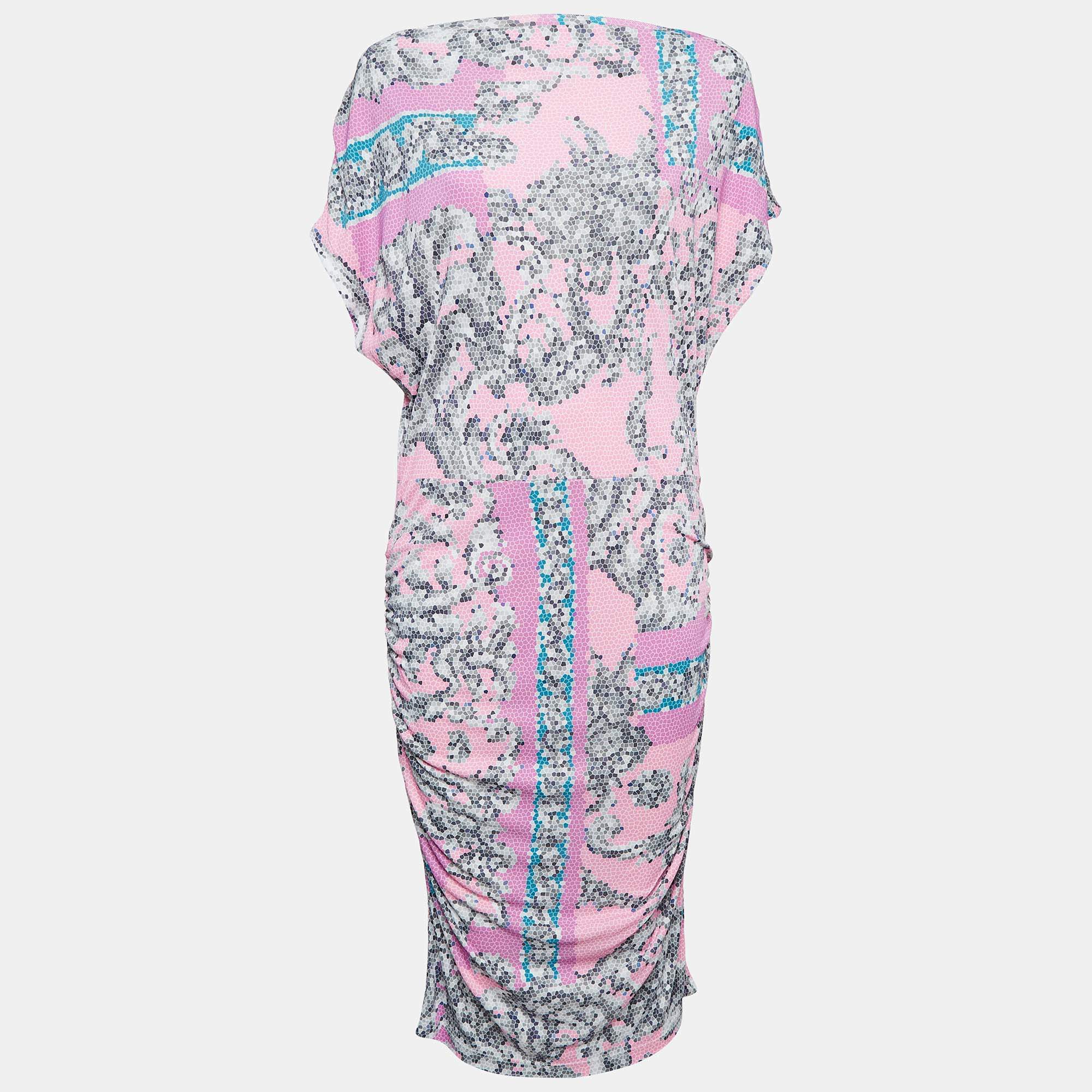 Versace Collection Pink Printed Jersey Ruched Midi Dress M