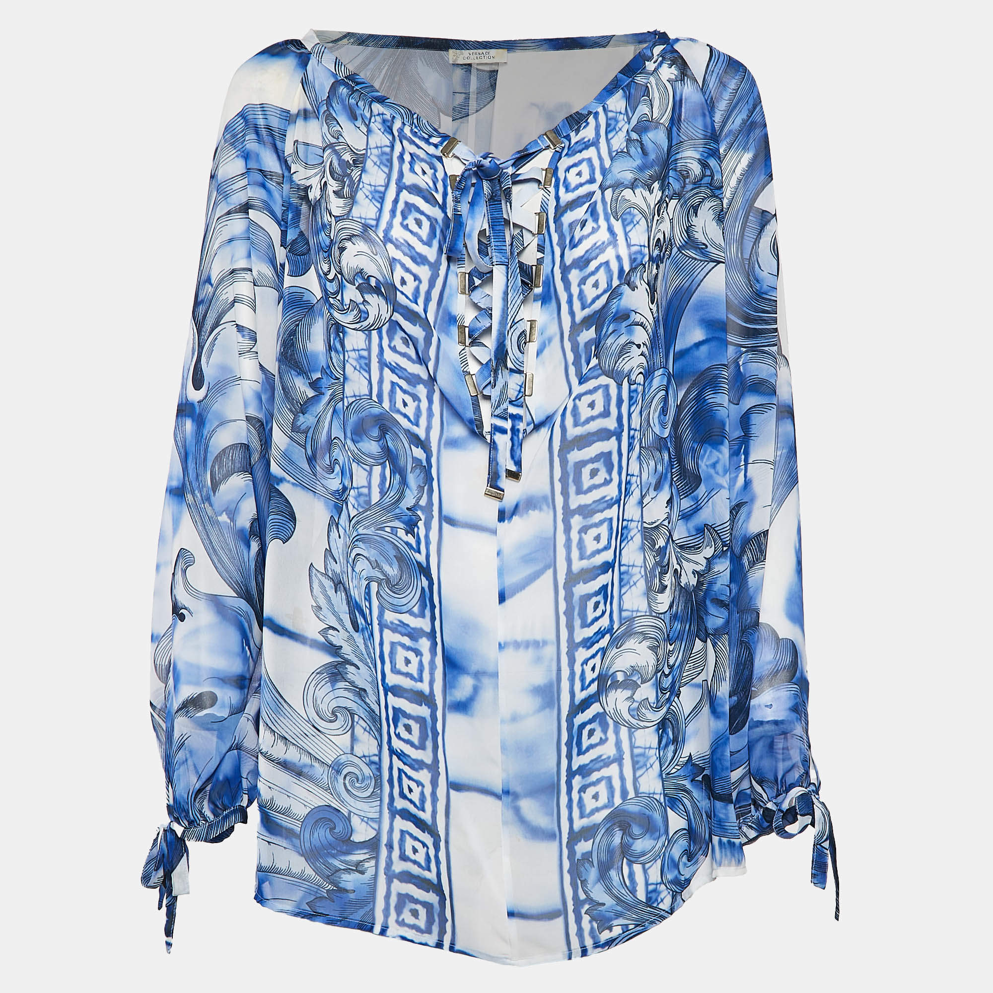 Versace Collection White/Blue Printed Chiffon Lace-Up Top M