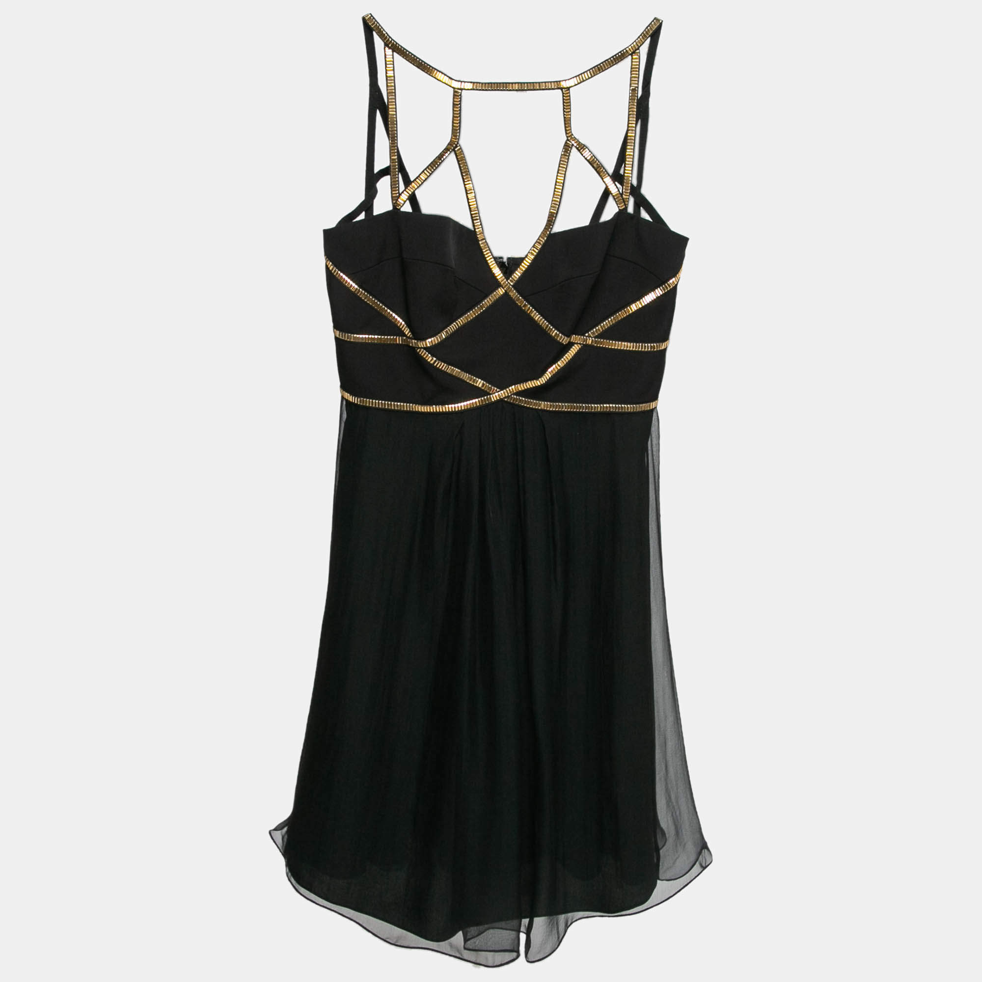 Pre Owned Versace Collection Black Crepe Embellished Strap Detail Mini Dress M