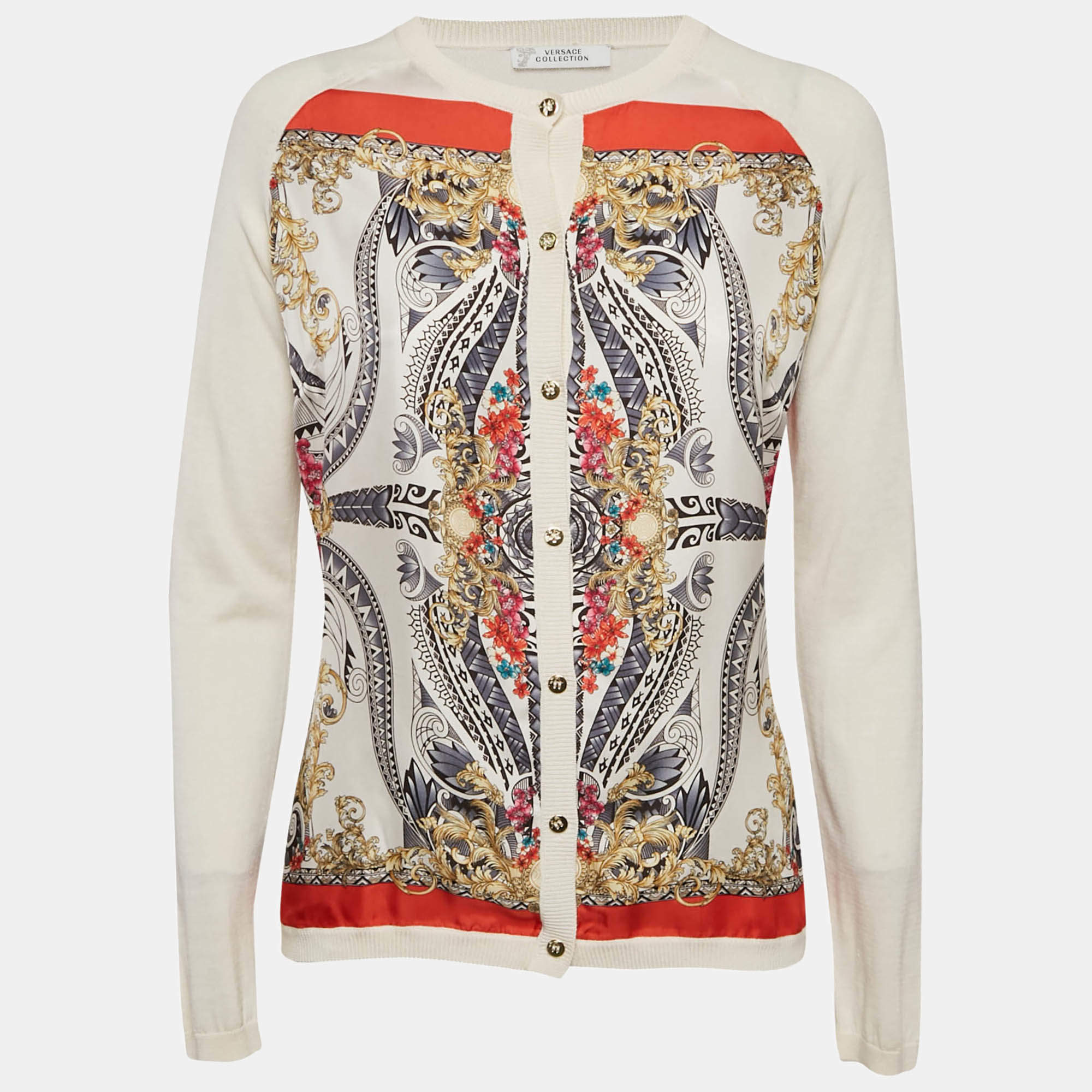 Versace Collection Cream Printed Silk and Knit Buttoned Cardigan M