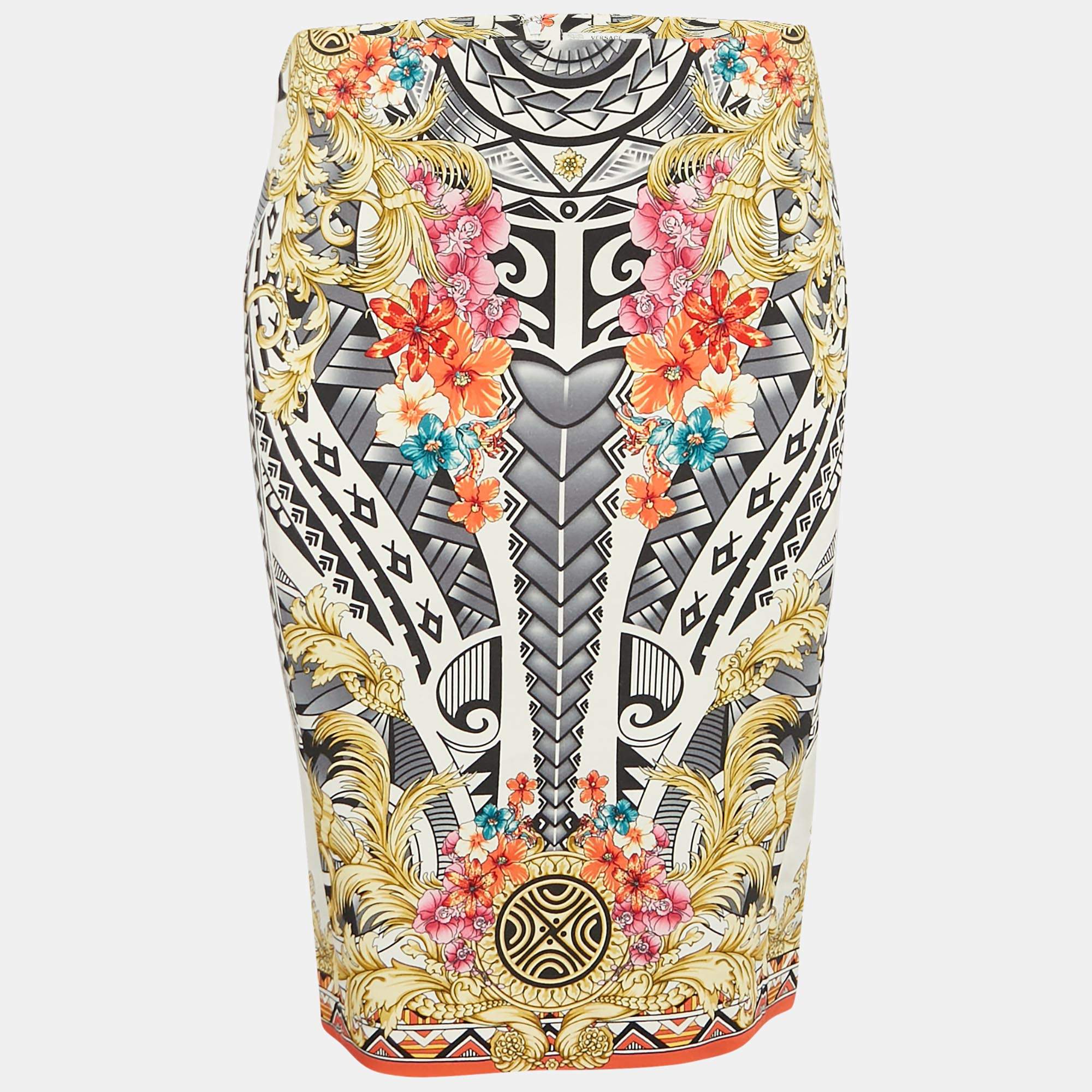 Pre Owned Versace Collection Multicolor Floral Print Cotton Pencil Skirt M