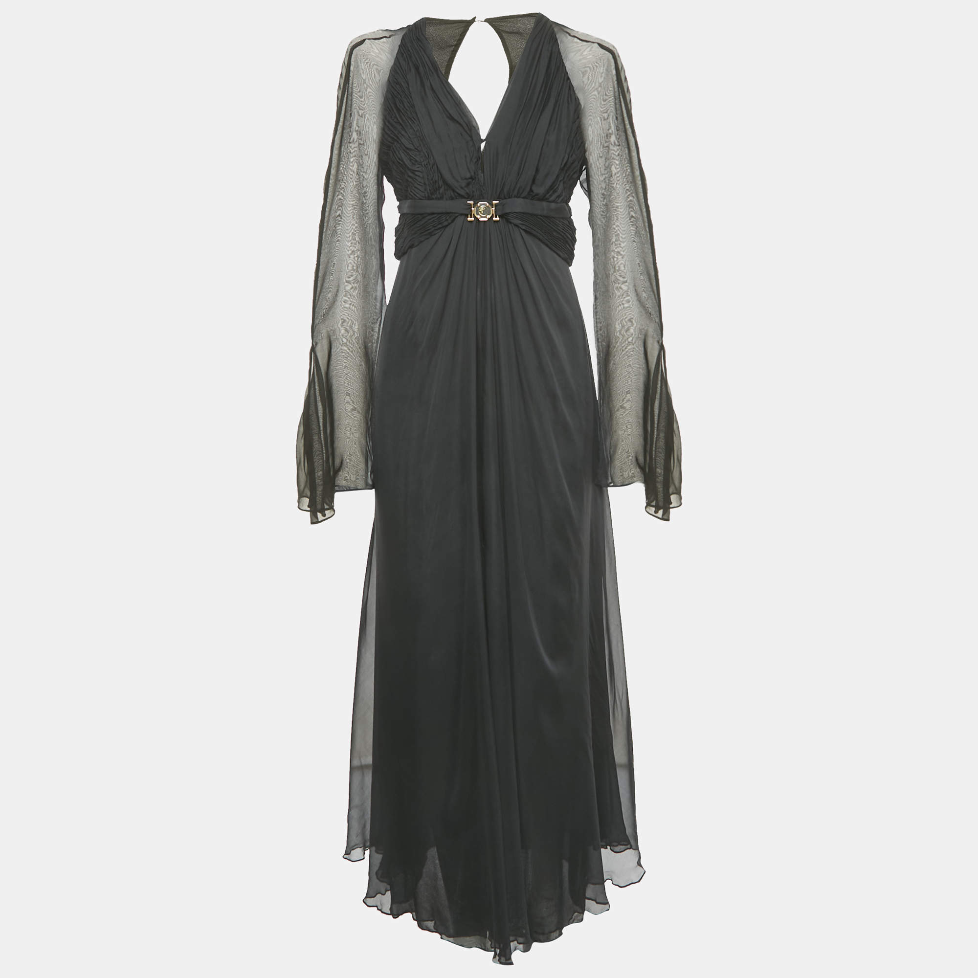 Pre Owned Versace Collection Black Silk Drape Detail V-Neck Maxi Dress M