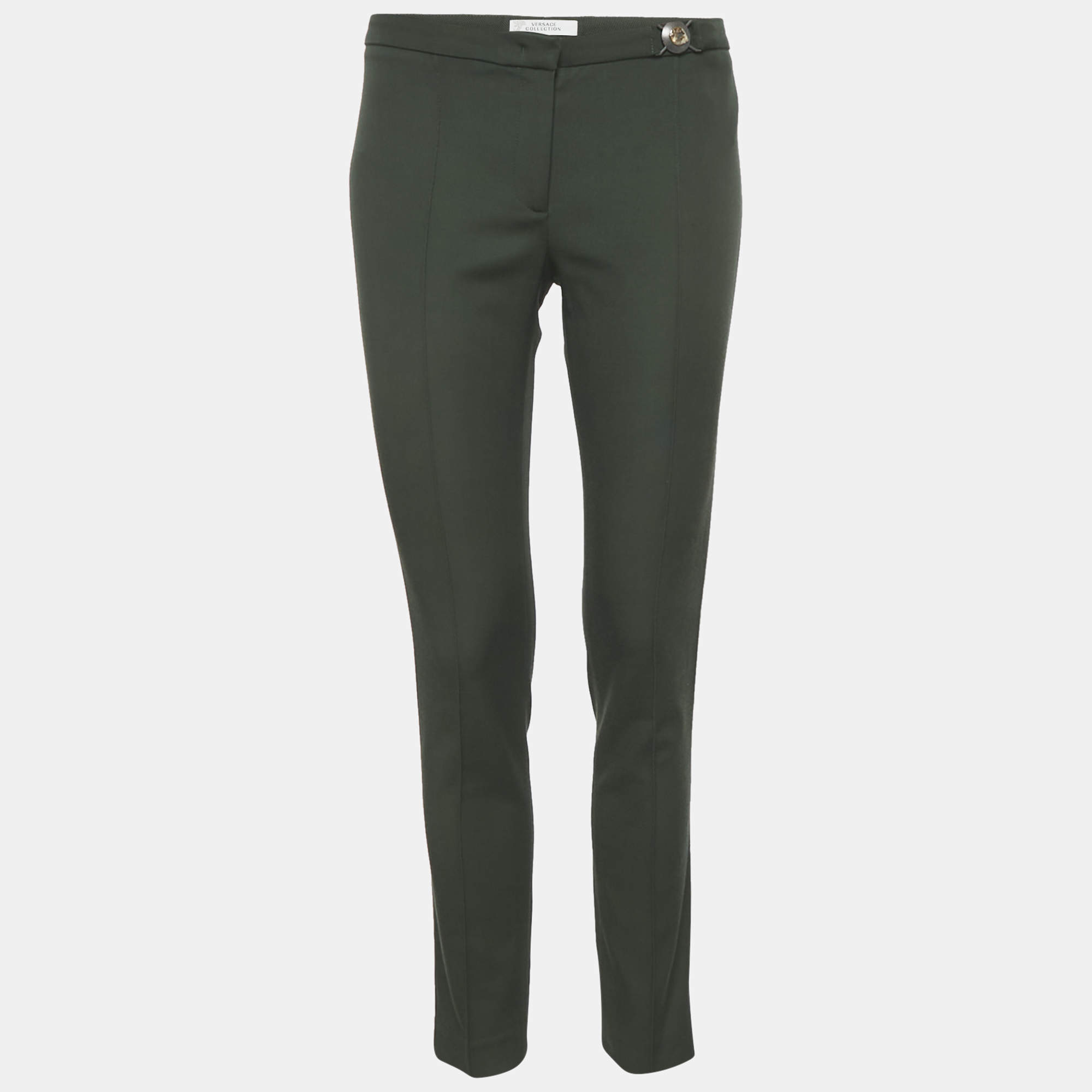 Pre Owned Versace Collection Green Crepe Slim Fit Trousers M