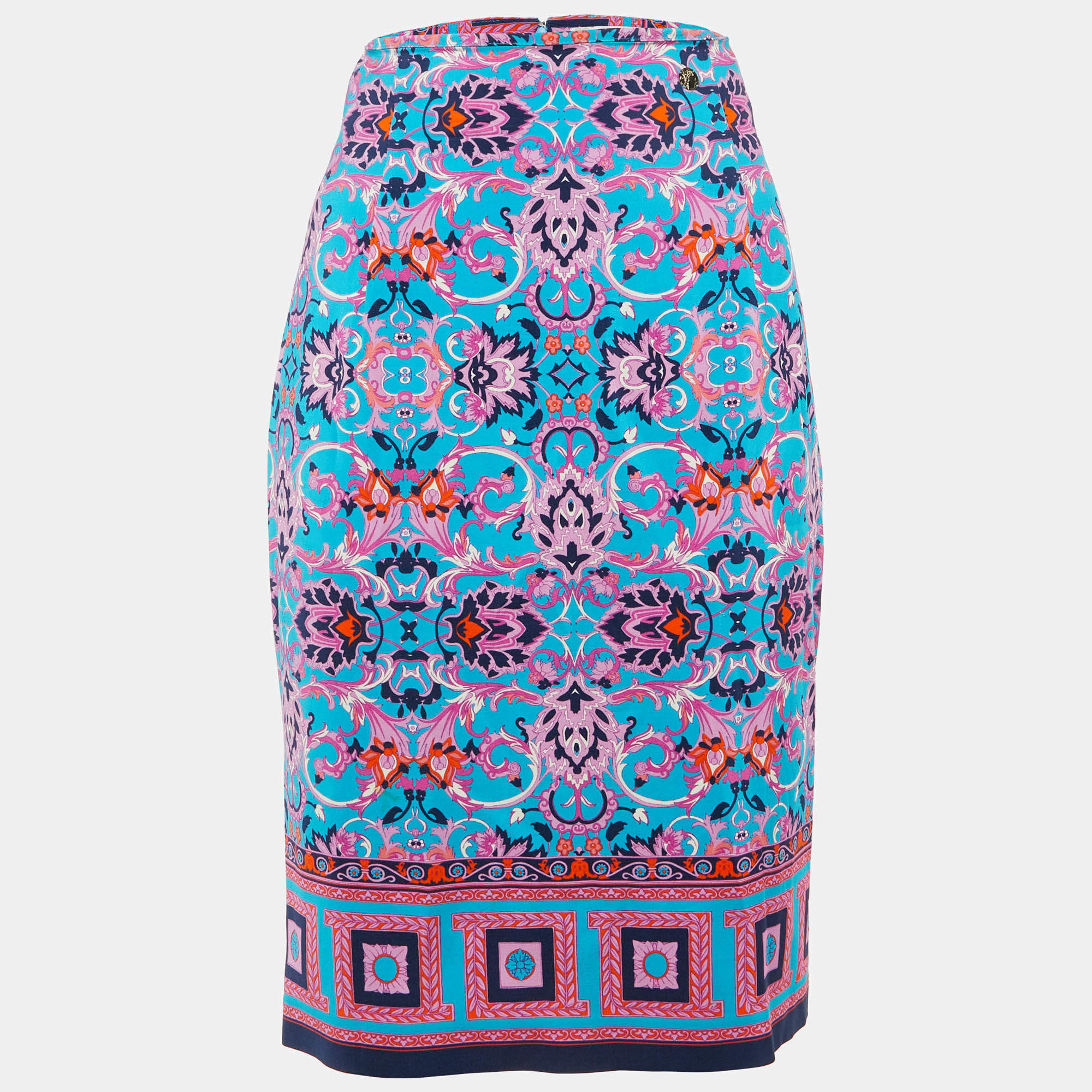 Pre Owned Versace Collection Blue Printed Crepe Midi Skirt M