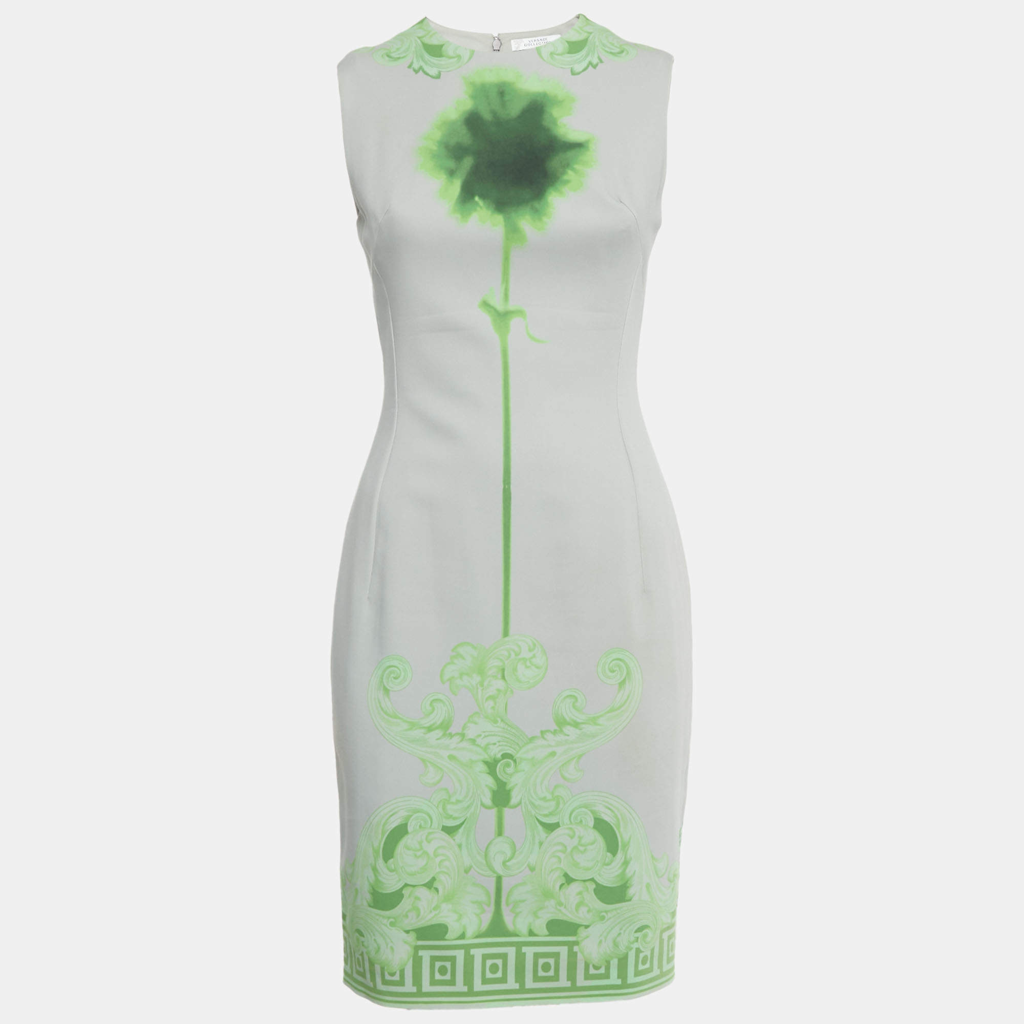 Pre Owned Versace Collection Grey /Green Printed Cotton & Crepe Sheath Dress M