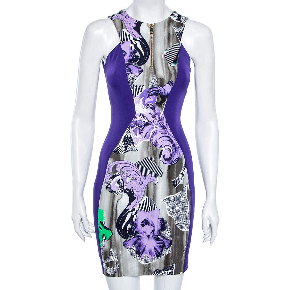 Versace Collection Purple Printed Zip Front Sleeveless Dress XS