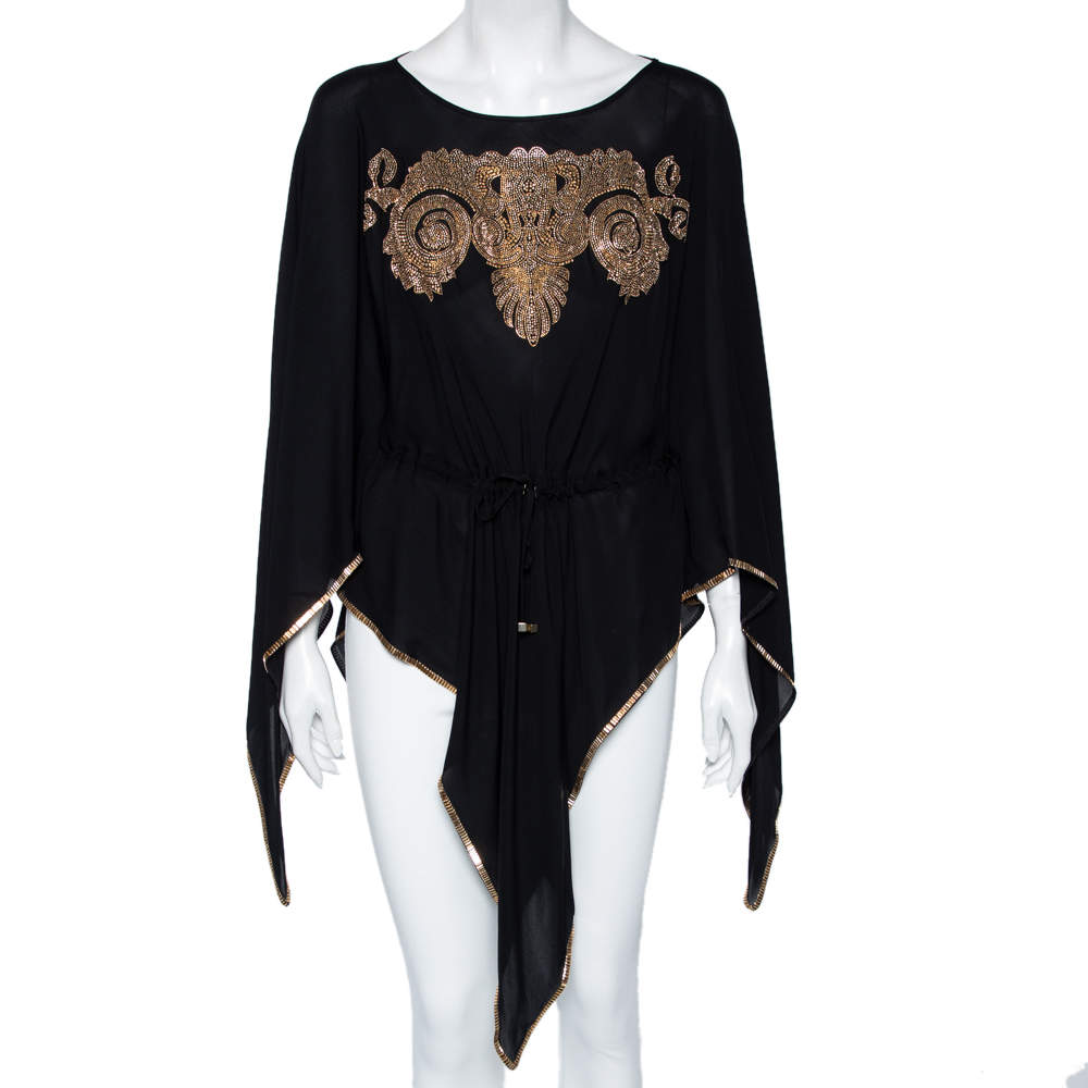 Versace Collection Black Silk Embellished Drawstring Waist Detail Kaftan Top M