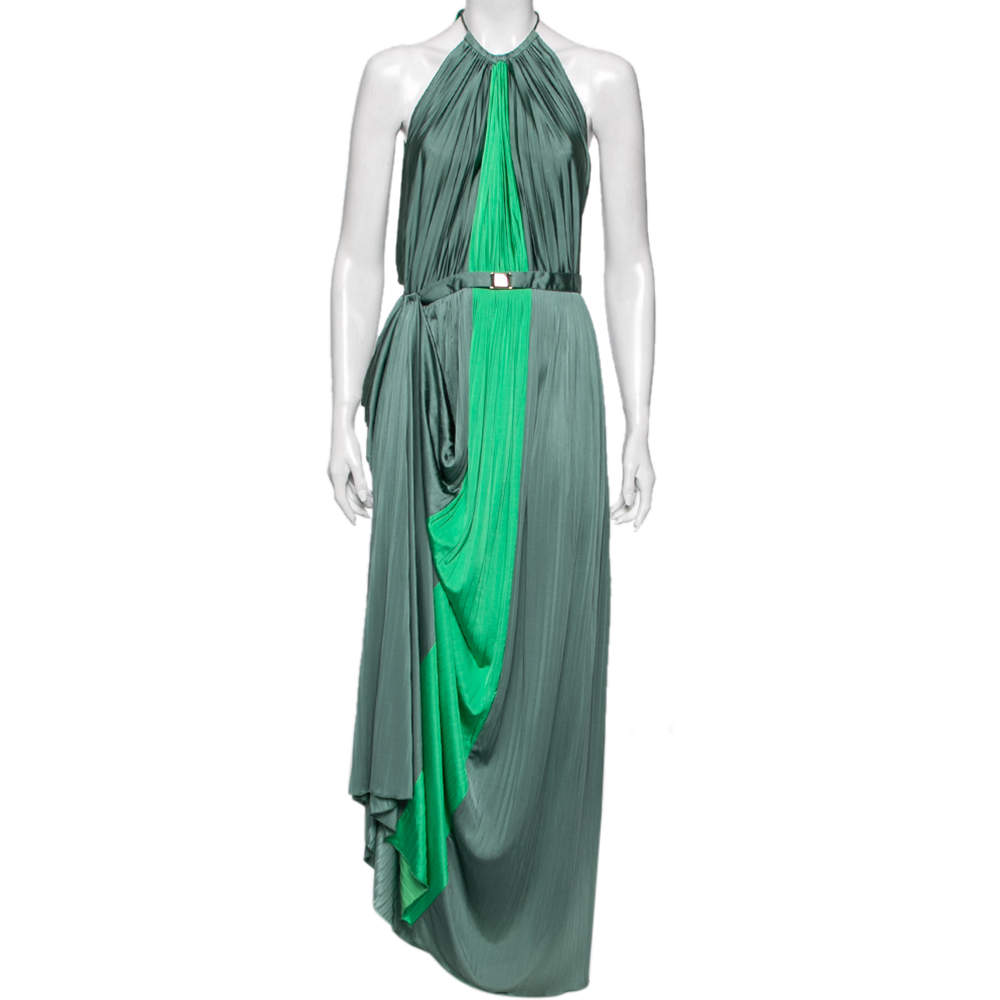 Pre Owned Versace Collection Green Paneled Knit Halter Neck Belted Maxi Dress M