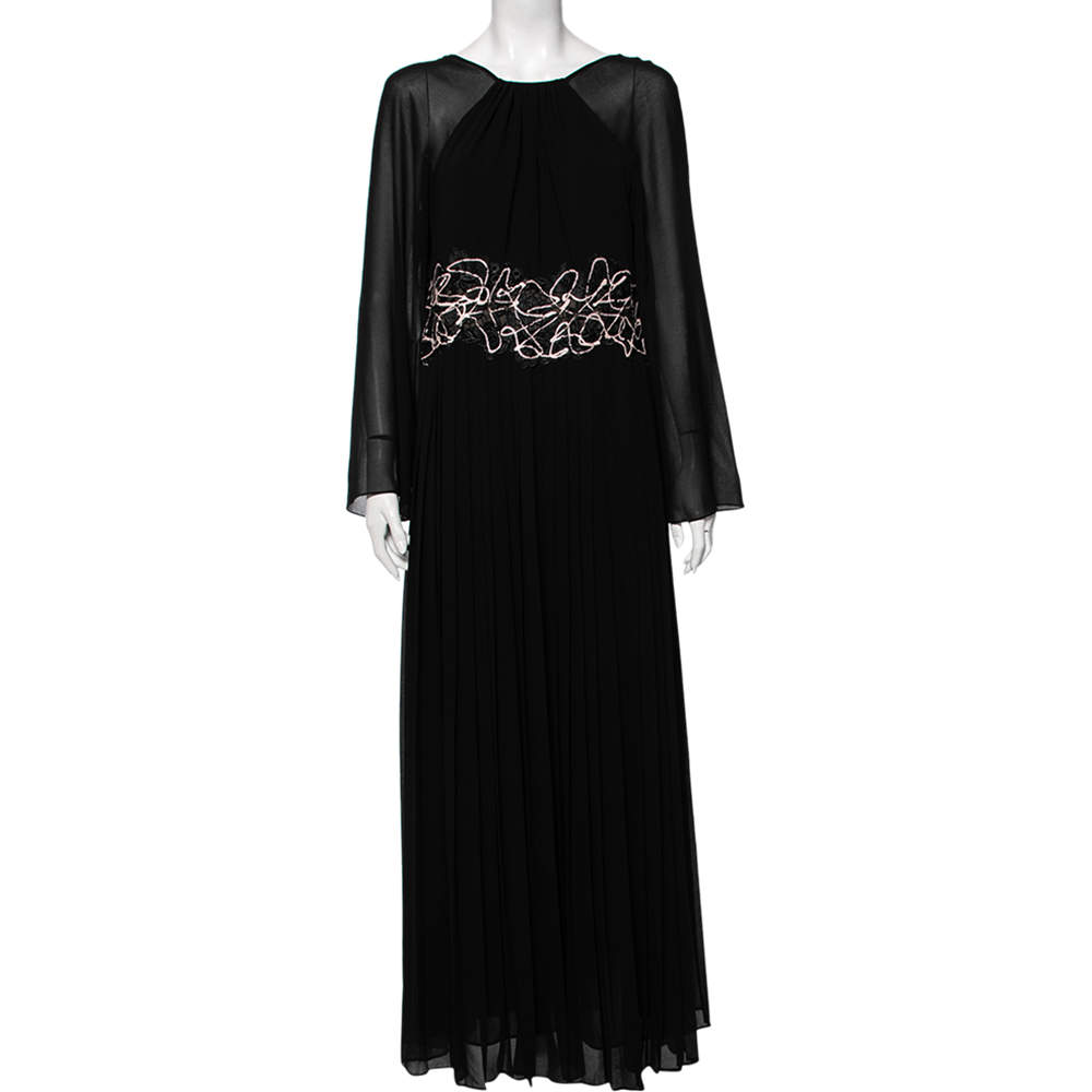 Versace Collection Black Crepe & Lace Detailed Pleated Maxi Dress XL