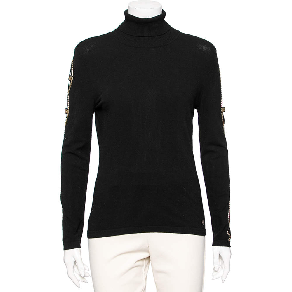 Versace Collection Black Knit Cut Out Detail Stud Embellished Turtle Neck Sweater L