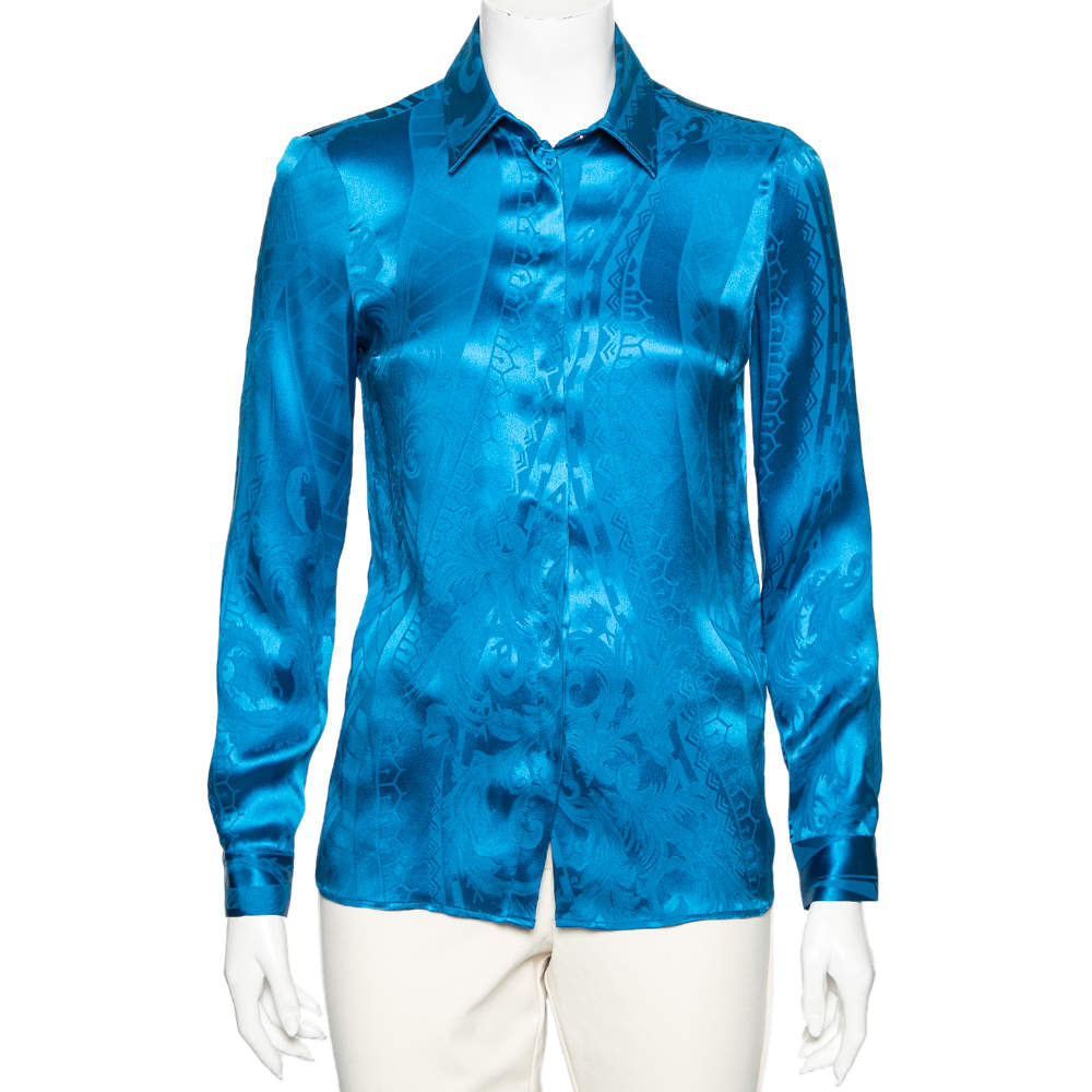 Versace Collection Blue Patterned Silk Button Front Shirt S