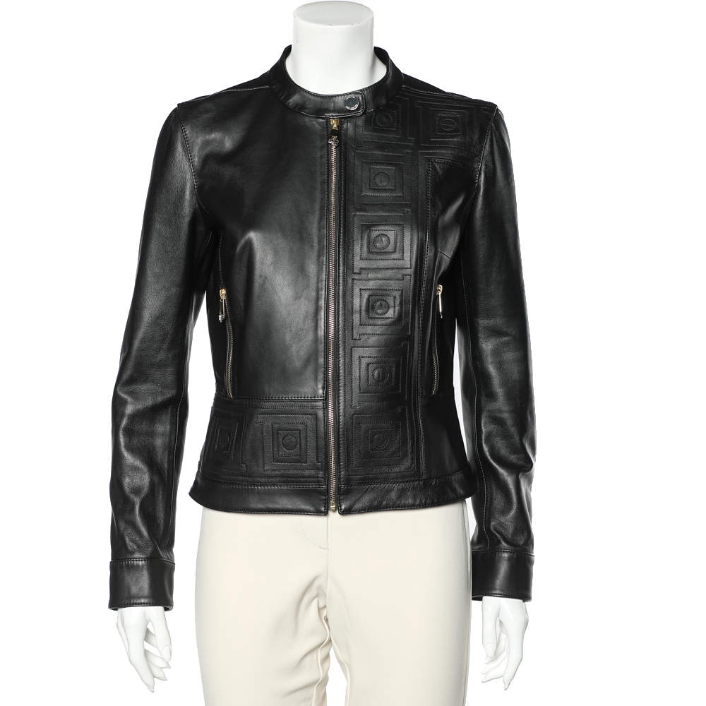 Versace Collection Black Patterned Leather Jacket M