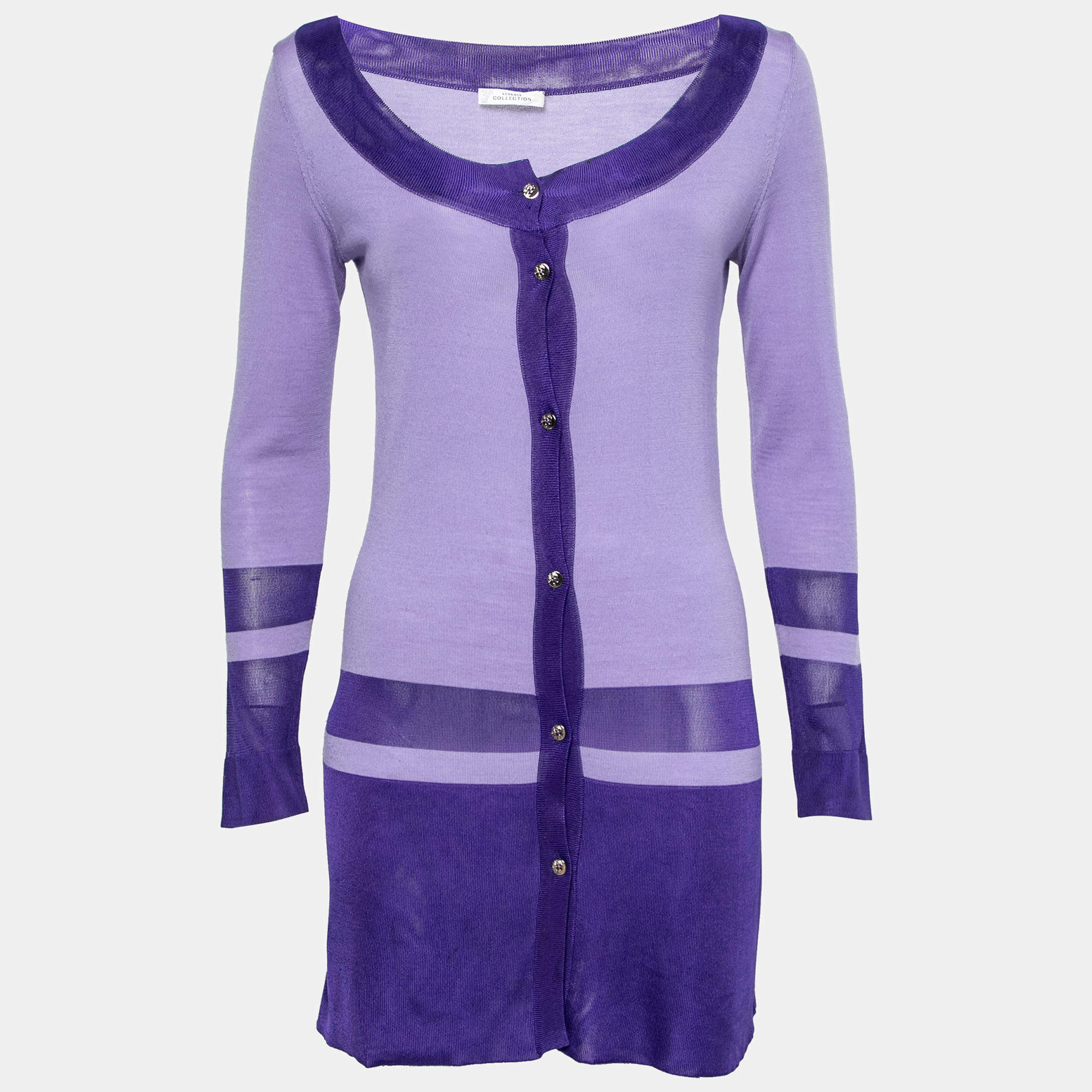 Pre Owned Versace Collection Purple Wool & Knit Paneled Button Front Cardigan M