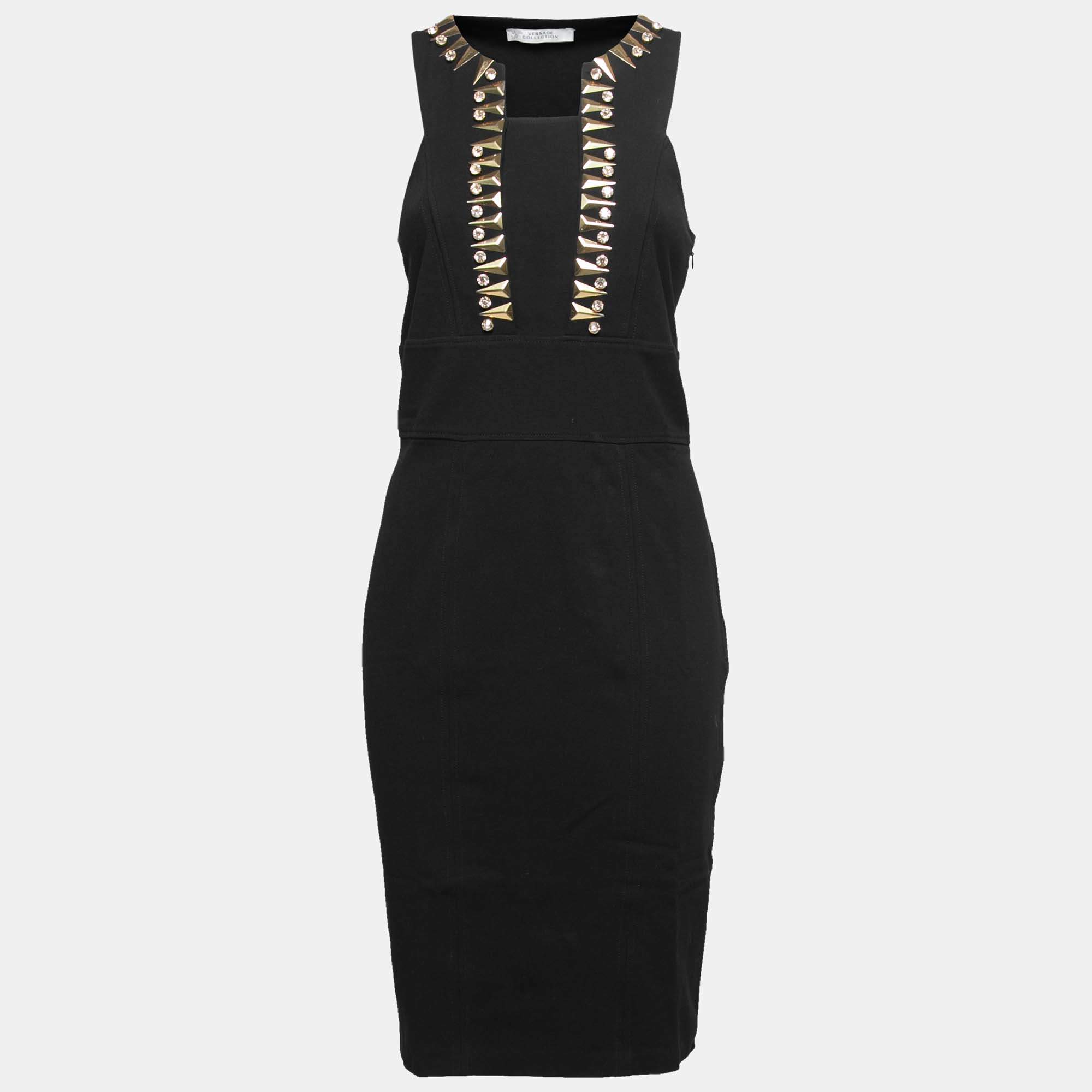 Pre Owned Versace Collection Black Stretch Knit Stud Embellished Midi Dress L