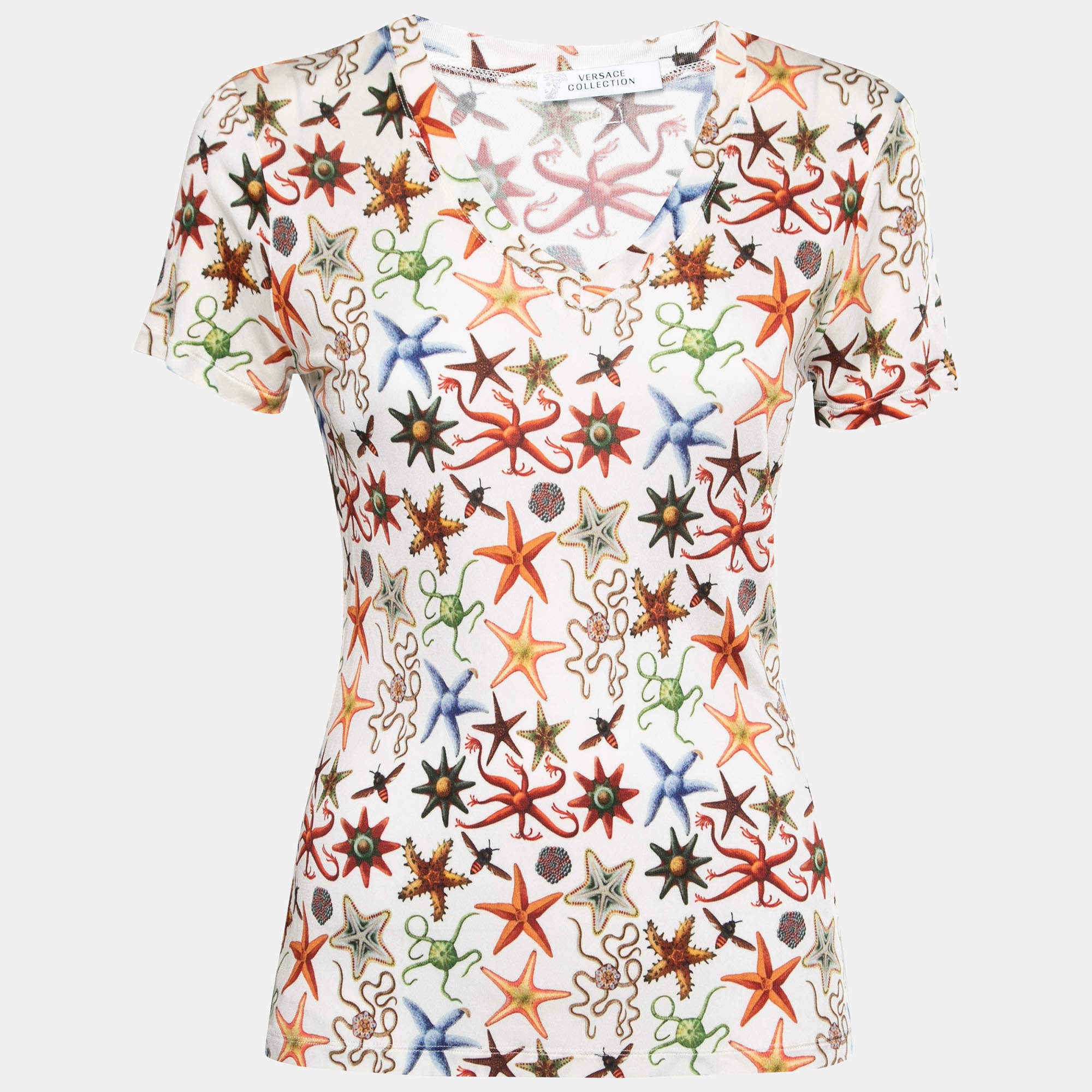 Pre Owned Versace Collection White Marine Print Jersey V-Neck Top L