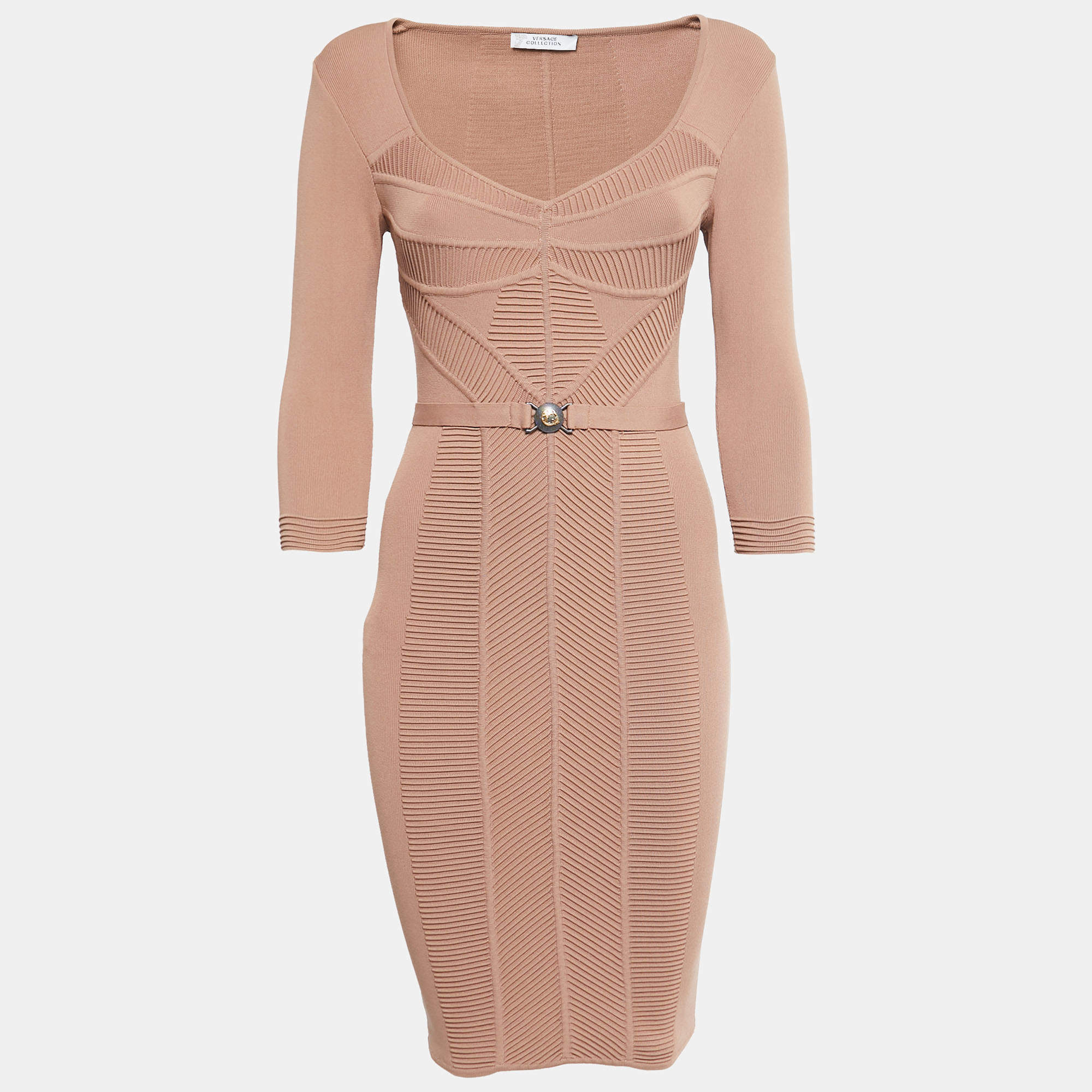 Pre Owned Versace Collection Dark Beige Stretch Knit Bodycon Dress S