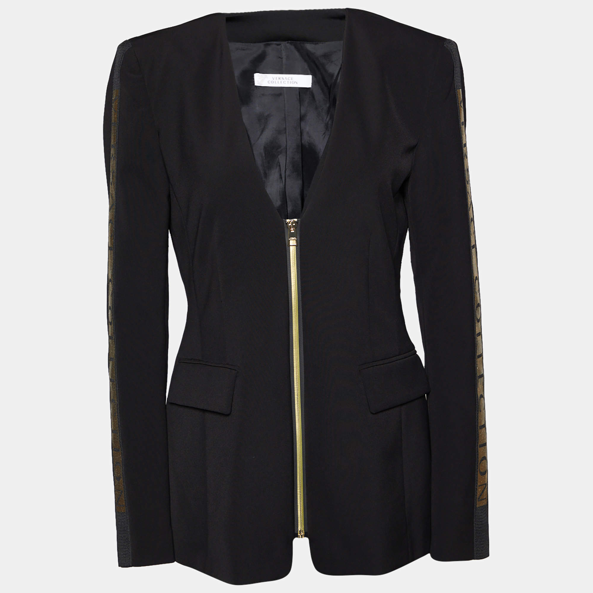 Versace Collection Black Crepe Logo Detail Zip Front Deep Neck Jacket M