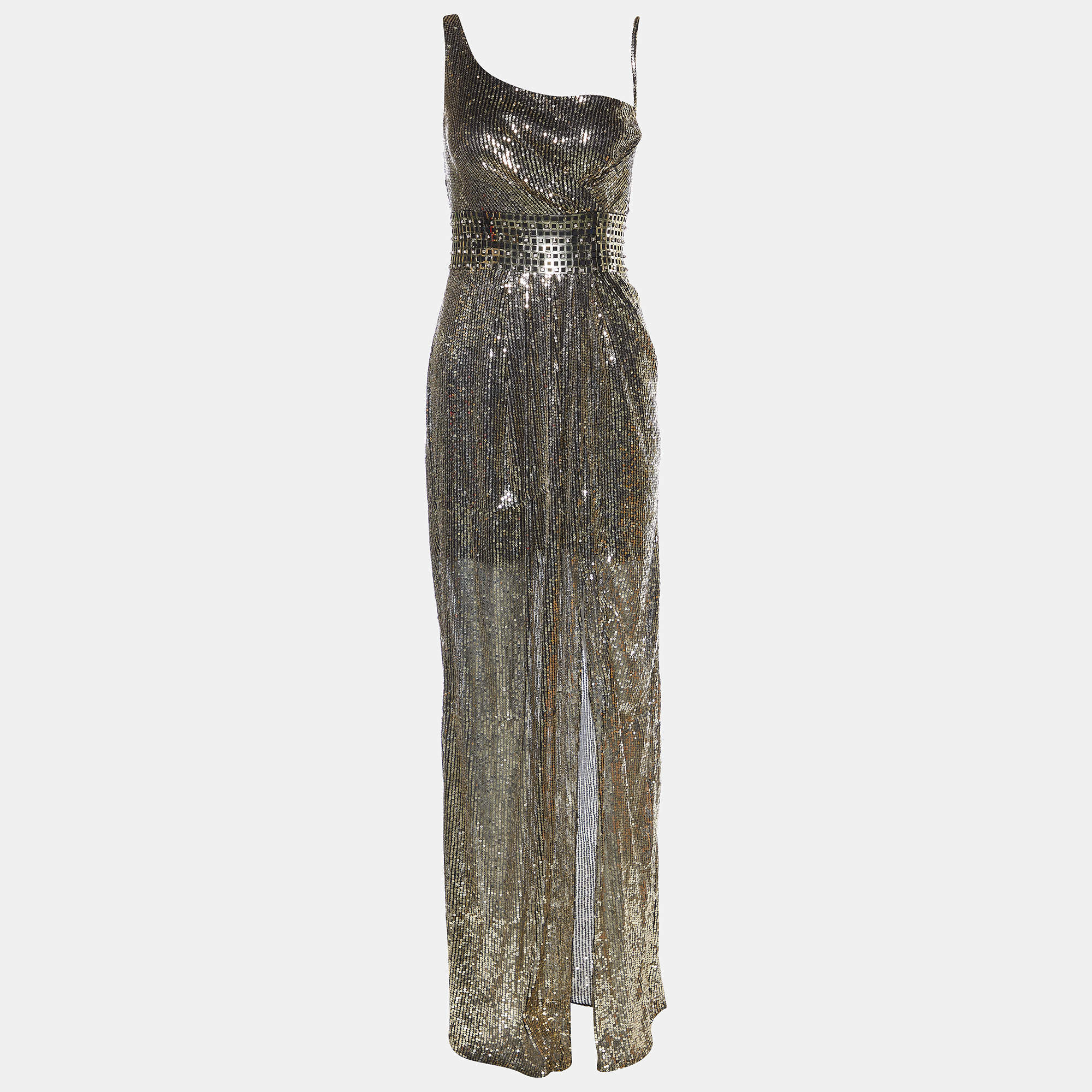 Versace Collection Gold Mesh Sequinned Slit Detail Gown L